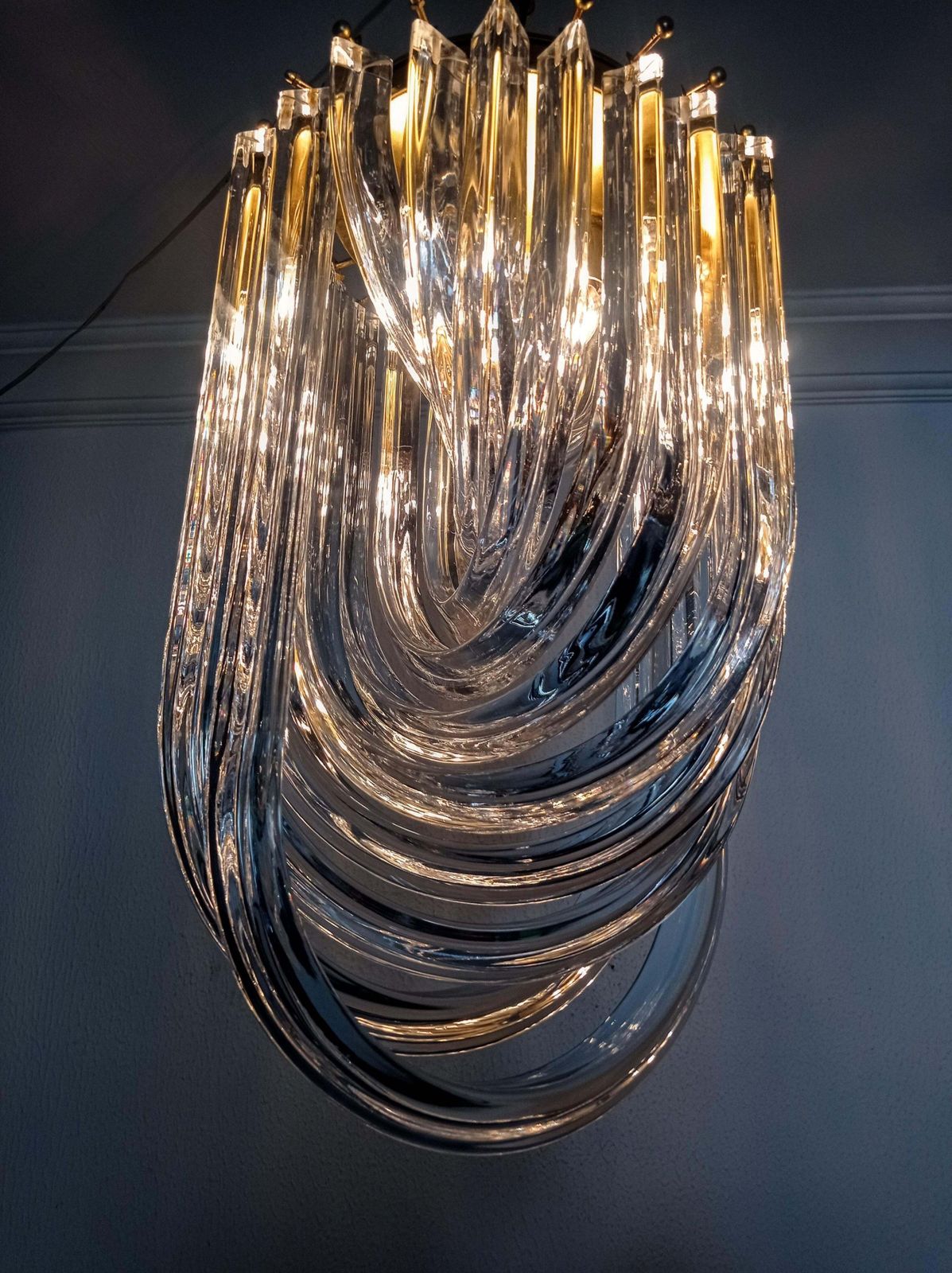 photo for sale 1970s Large Venini Italian Mid Century Crystal Curly Chandelier