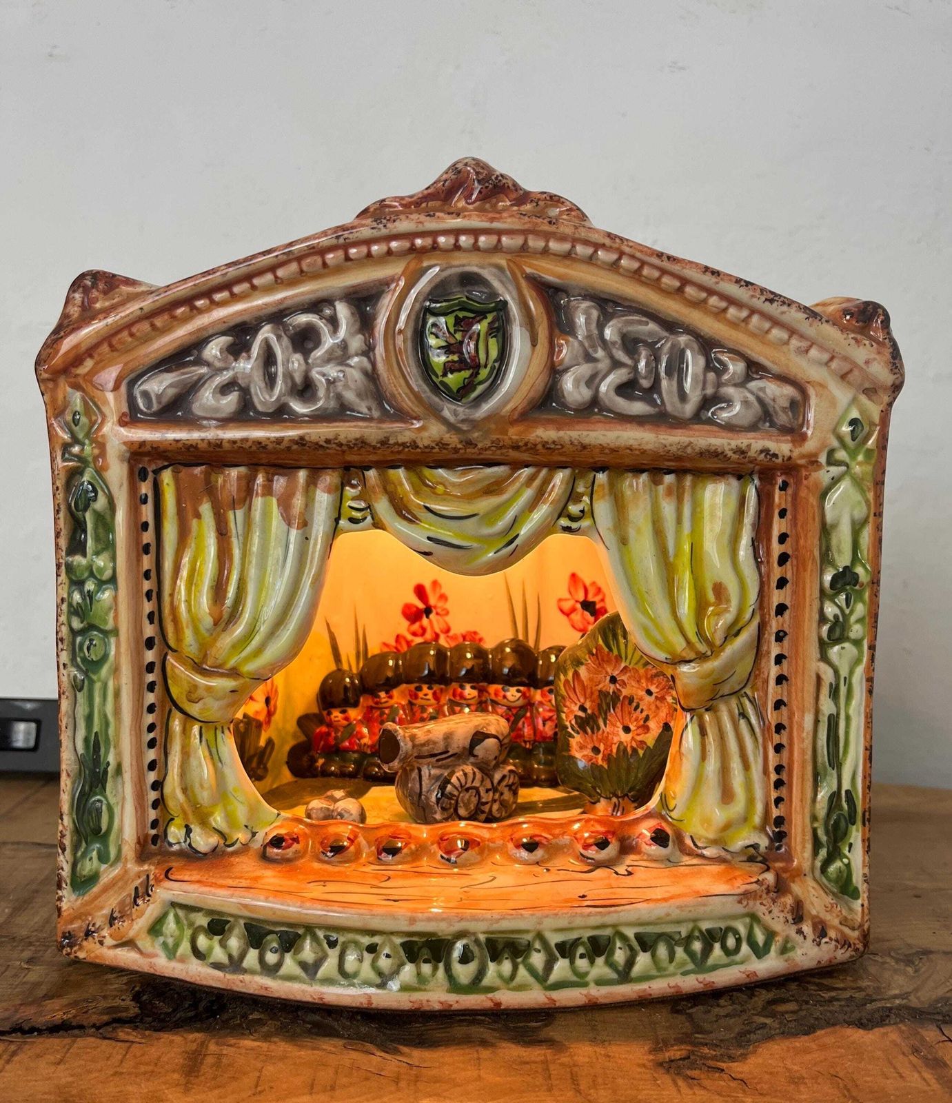 Vintage Ceramic Night Light Or Table Lamp, Designed As A Miniature Theatre Stage Diorama, Military Nutcracker Theme