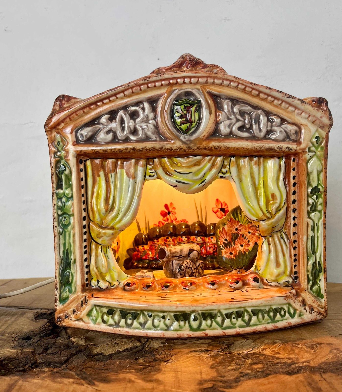 Vintage Ceramic Night Light Or Table Lamp, Designed As A Miniature Theatre Stage Diorama, Military Nutcracker Theme photo vinterior
