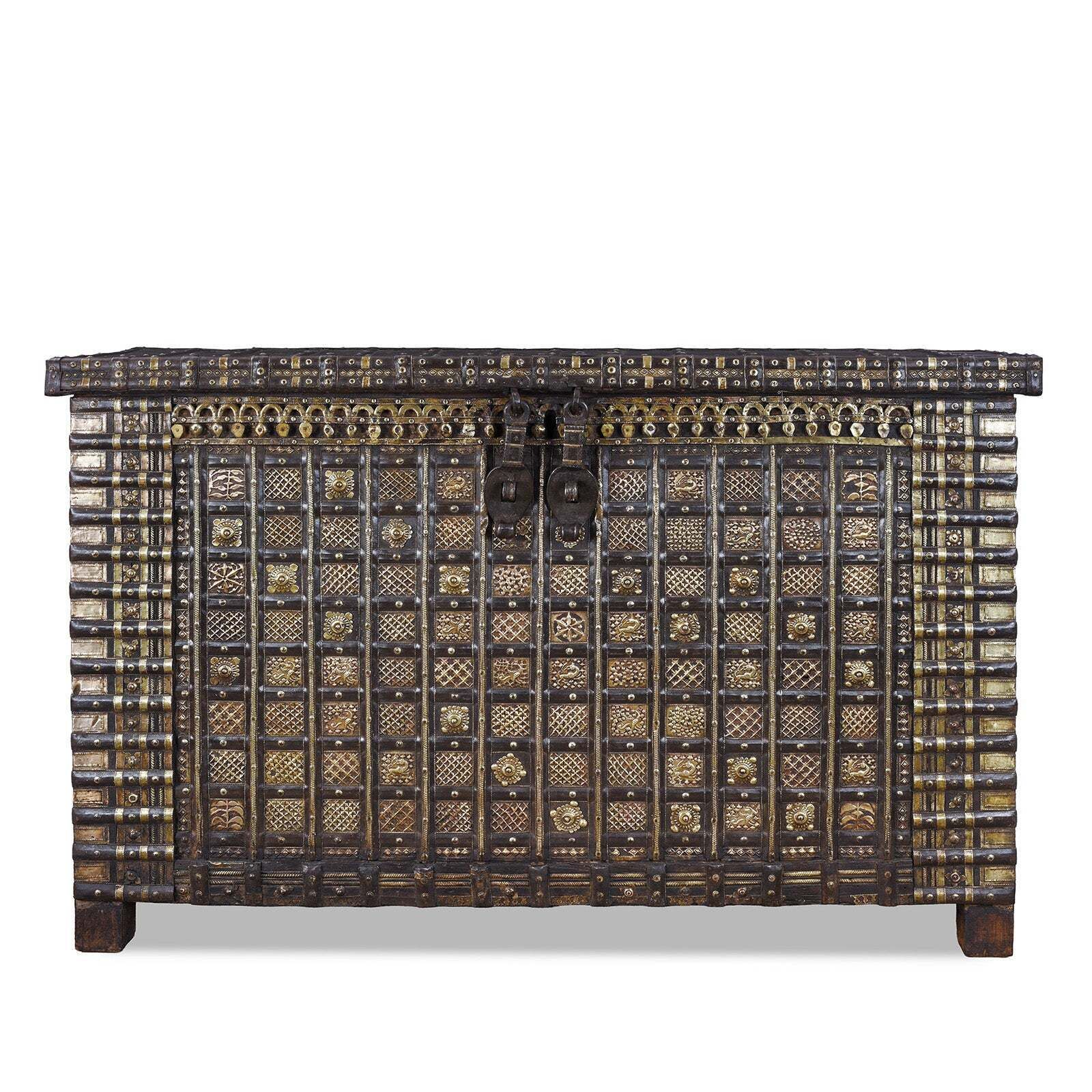 Antique Indian Brass Bound Pithara Console Chest From Saurashtra   18th Century