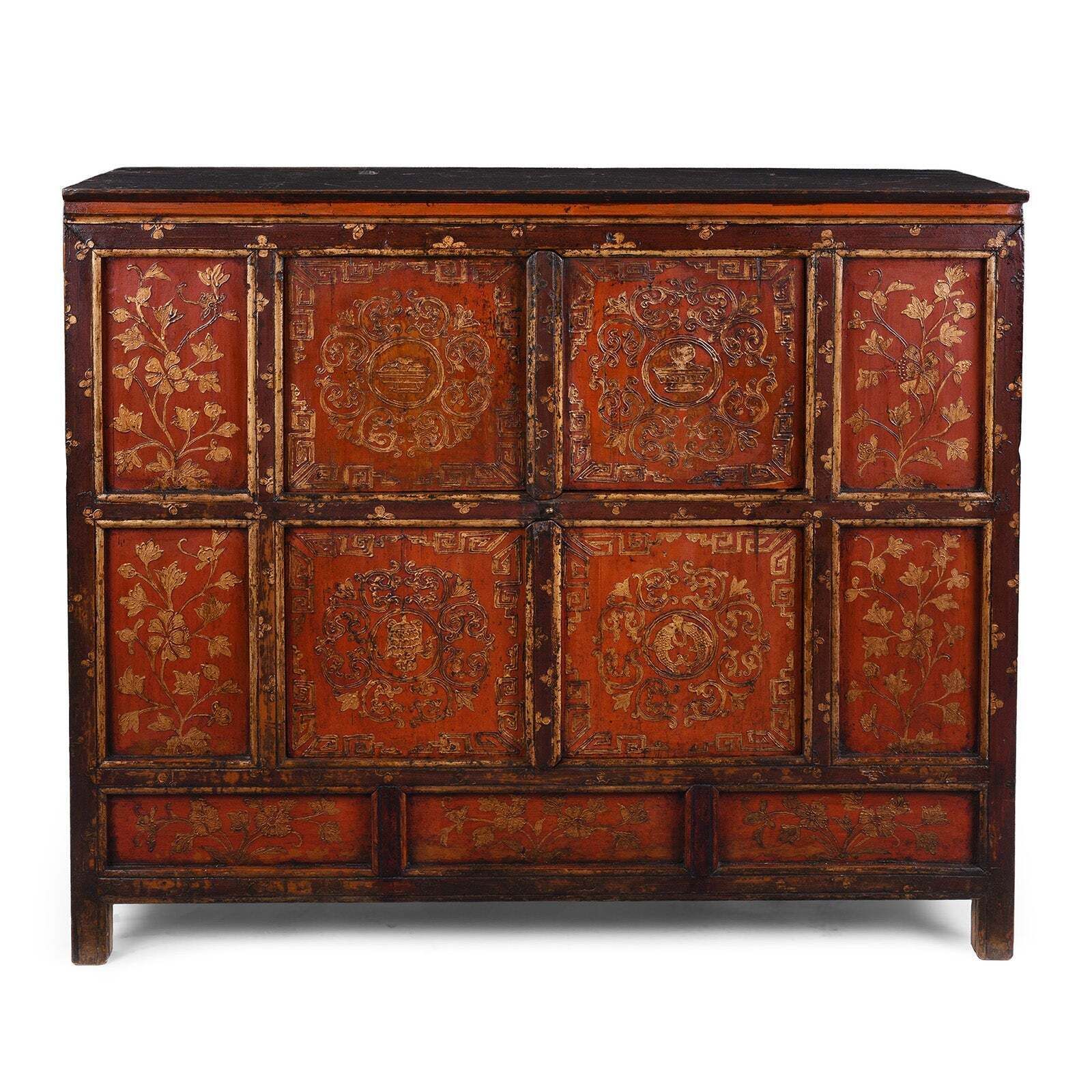 Red & Gold Painted Tibetan Altar Cabinet  19th Century