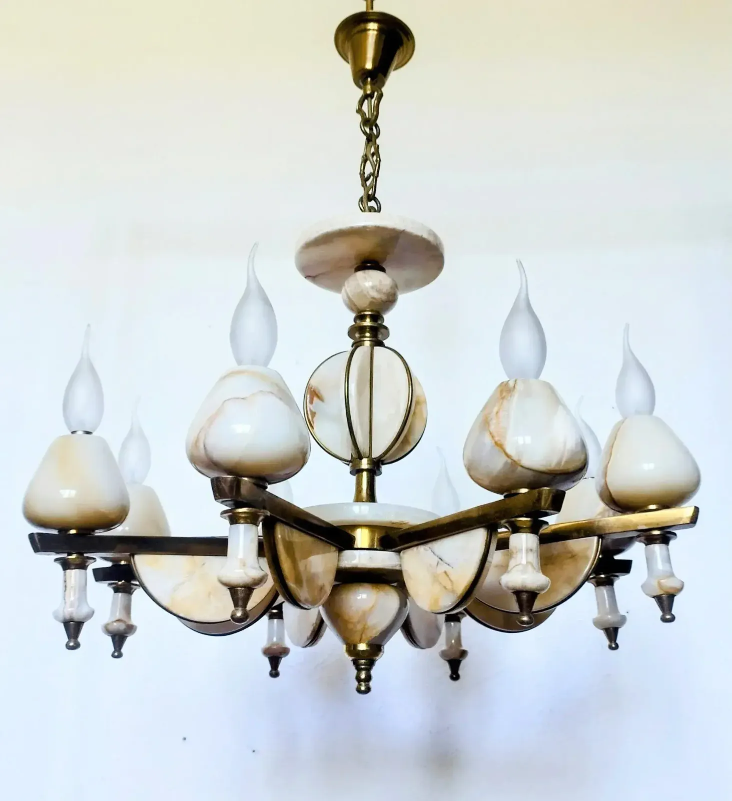 photo for sale Vintage Italian Honey Onyx Marble Brass Chandelier 80s Lighting