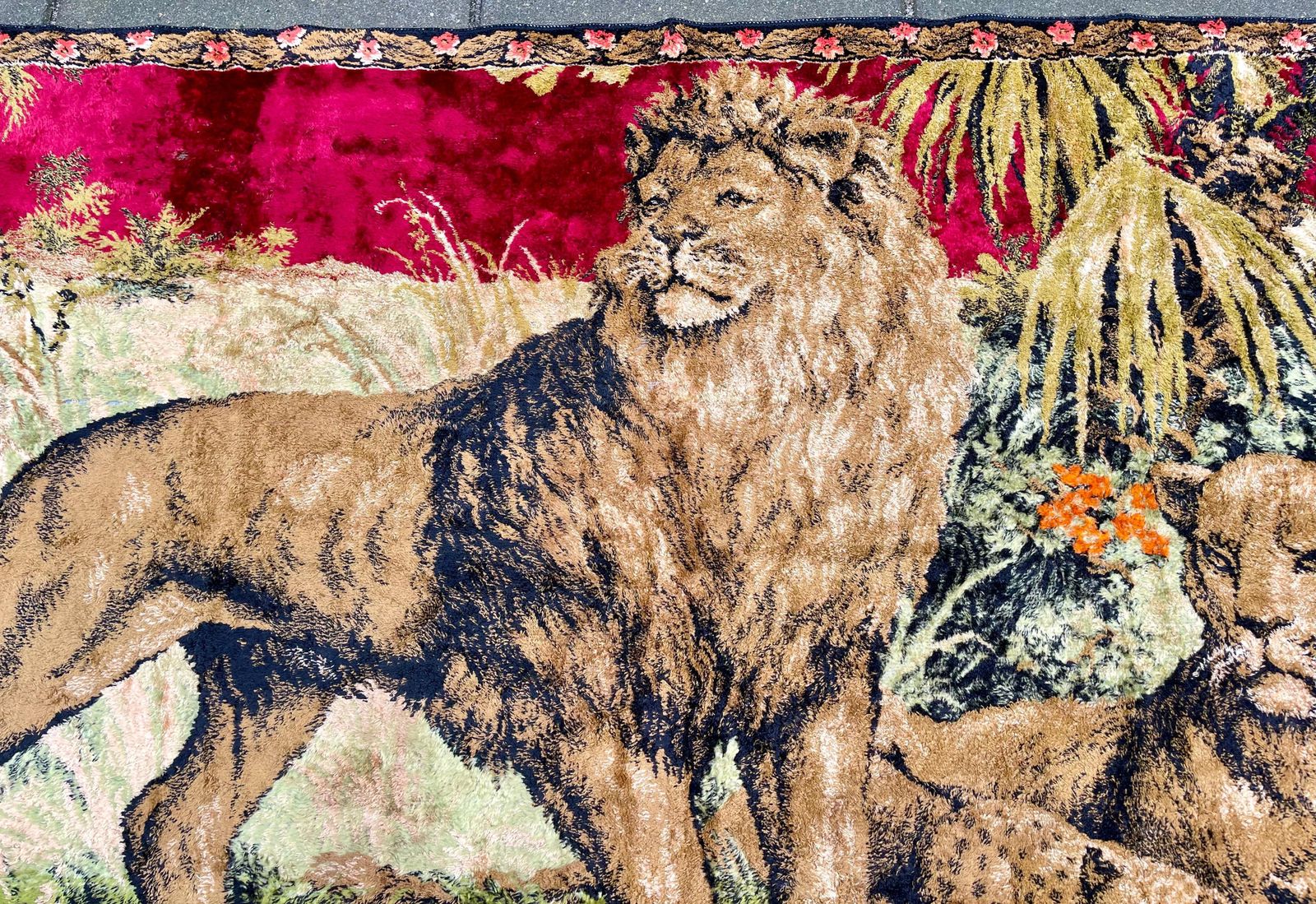 Vintage Boho Style Woven Velvet Tapestry Of A Lion Family, 1970s photo for sale