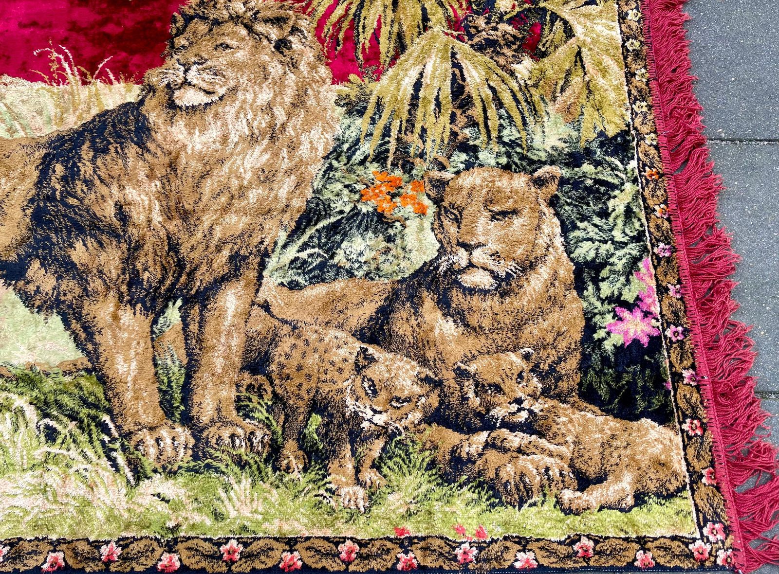 Vintage Boho Style Woven Velvet Tapestry Of A Lion Family, 1970s photo Art