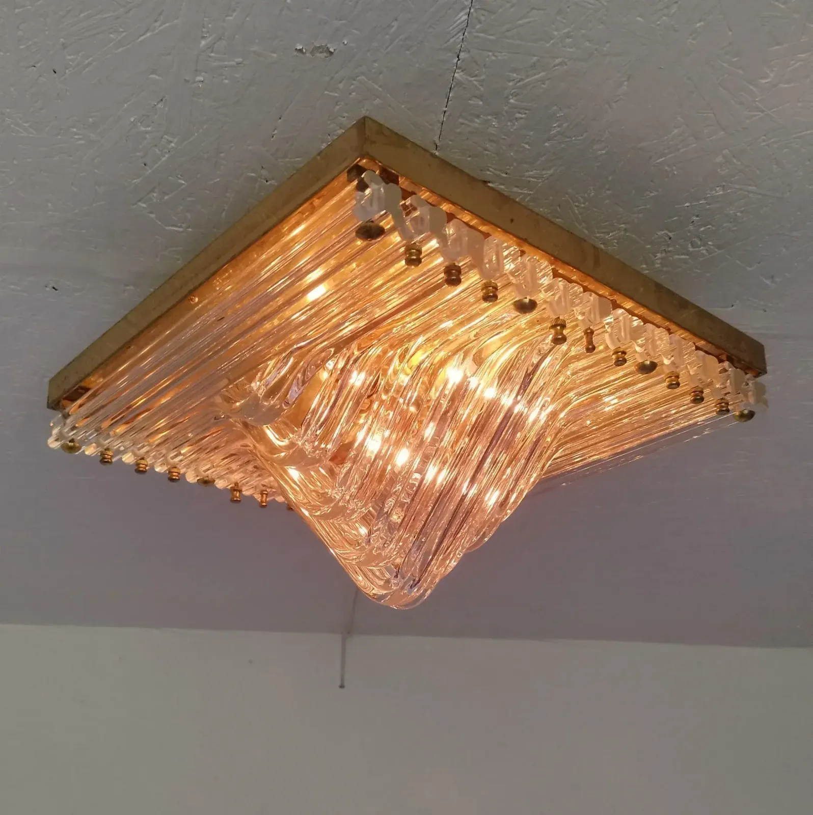 Murano Venini Styled Curved Quadriedri Crystal Glass Chevron Flush Mount In Brass, Italy, 1970s photo for sale
