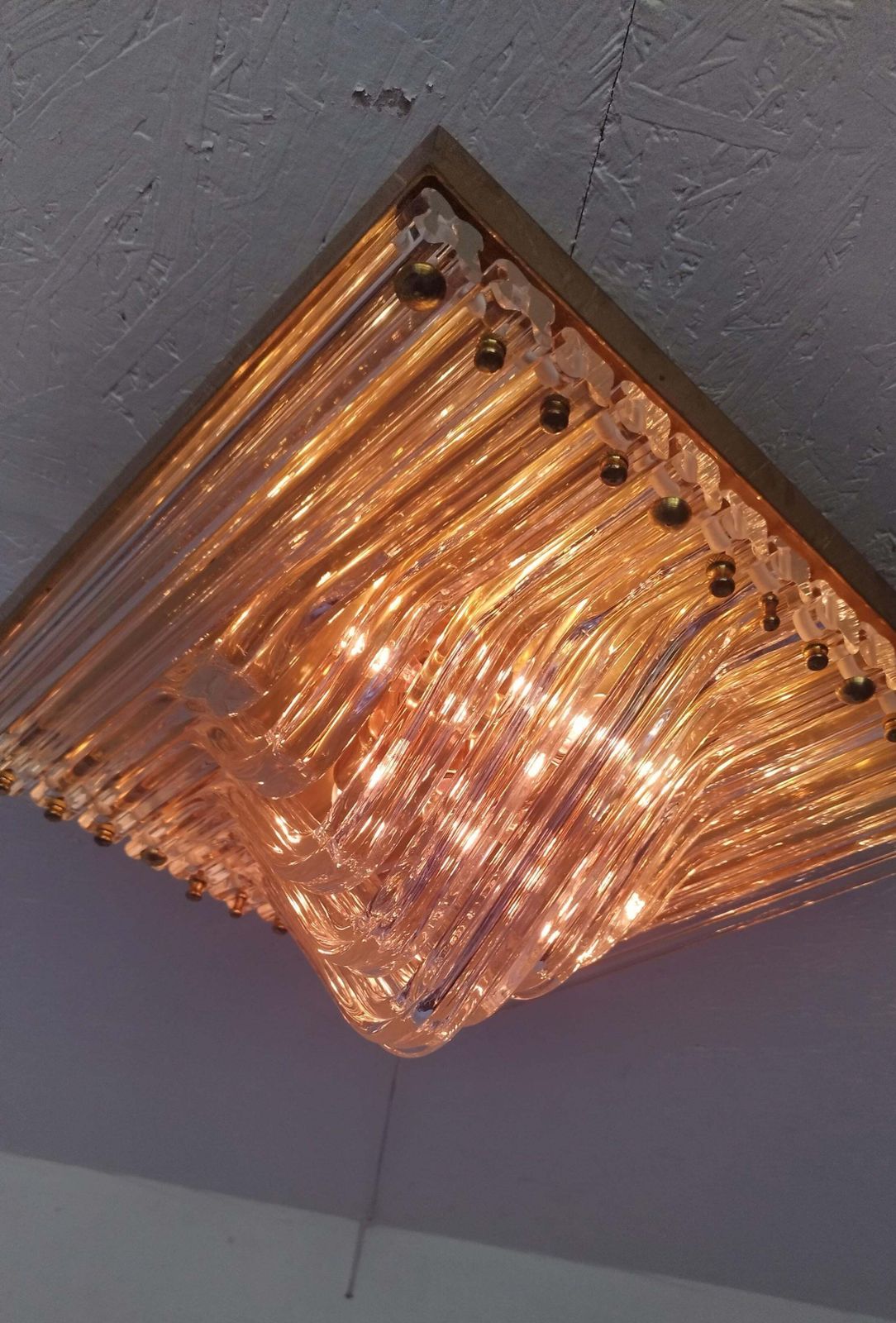Murano Venini Styled Curved Quadriedri Crystal Glass Chevron Flush Mount In Brass, Italy, 1970s photo 4071.0
