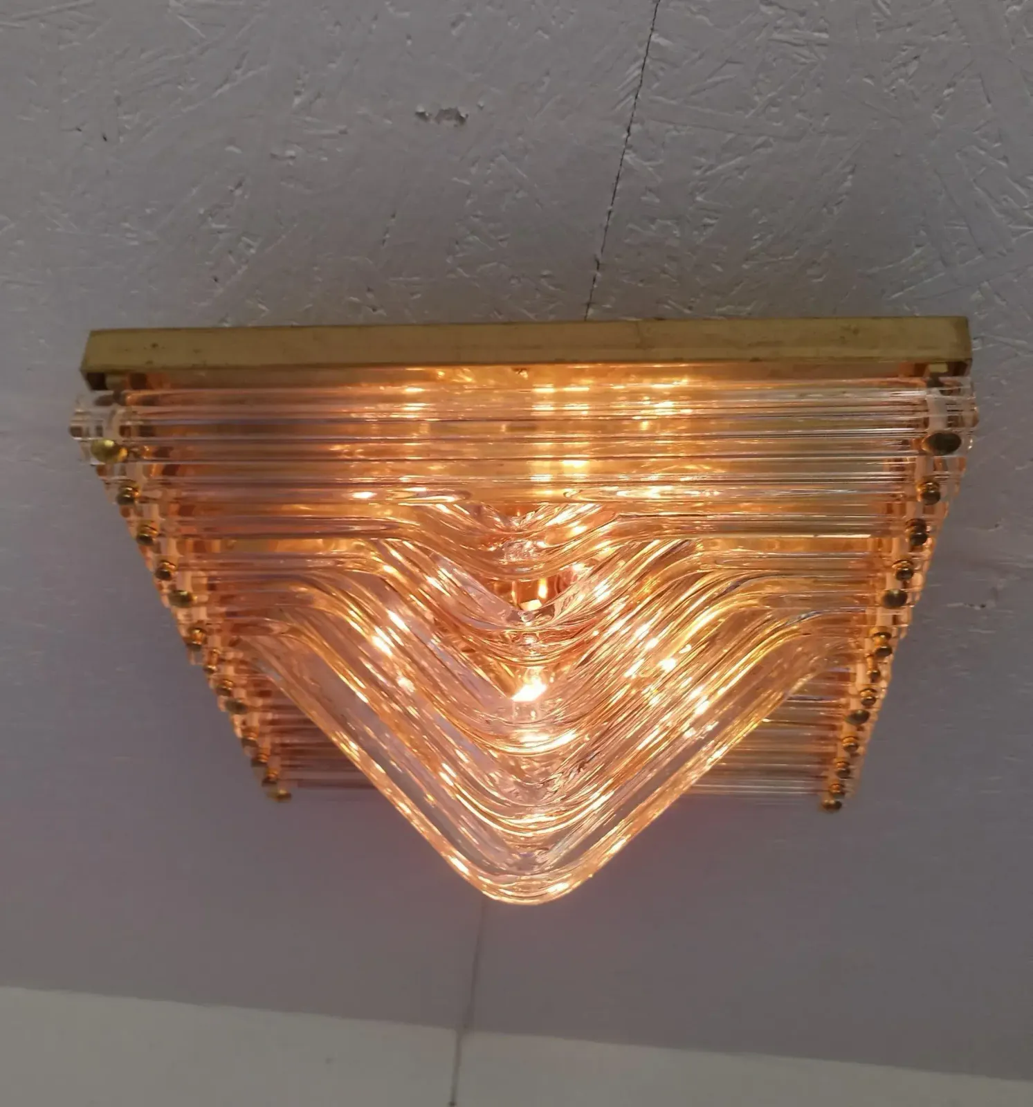 Murano Venini Styled Curved Quadriedri Crystal Glass Chevron Flush Mount In Brass, Italy, 1970s photo vinterior