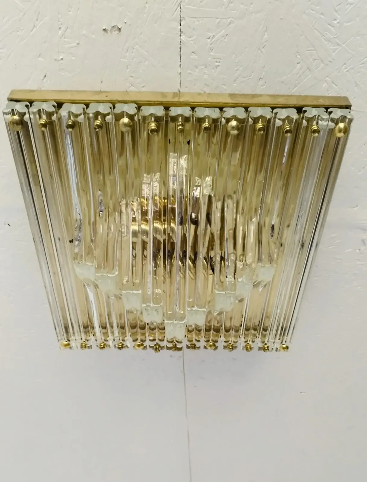 4071.0 Murano Venini Styled Curved Quadriedri Crystal Glass Chevron Flush Mount In Brass, Italy, 1970s photo