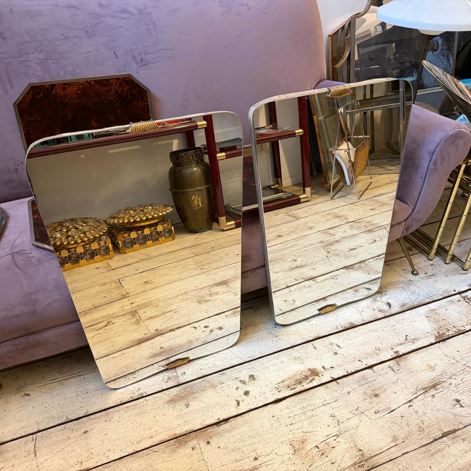 Two 1950s Gio Ponti Style Mid Century Modern Wood And Brass Wall Mirrors photo furniture