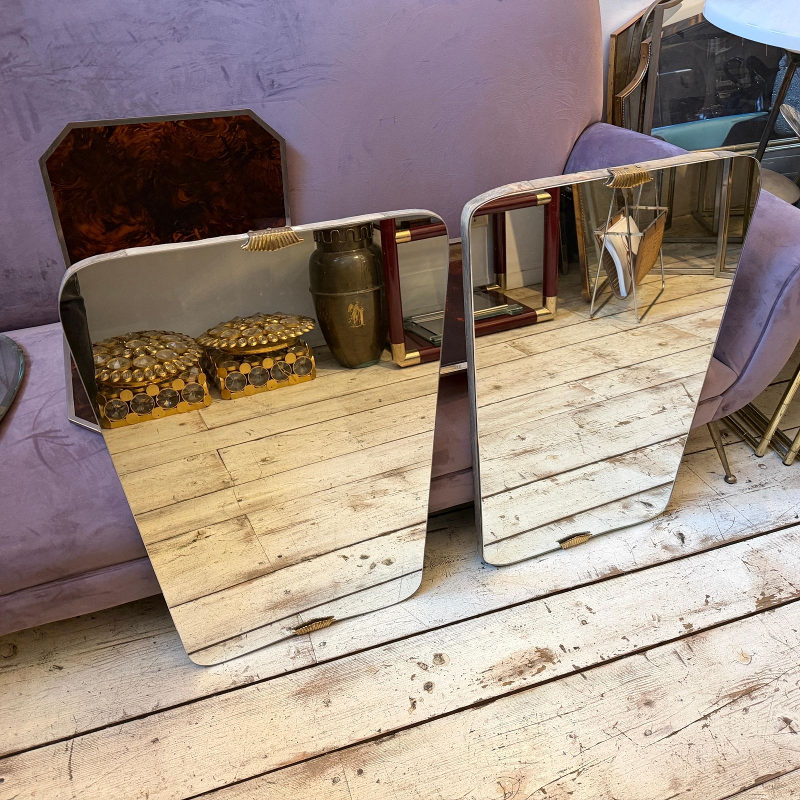 photo for sale Two 1950s Gio Ponti Style Mid Century Modern Wood And Brass Wall Mirrors