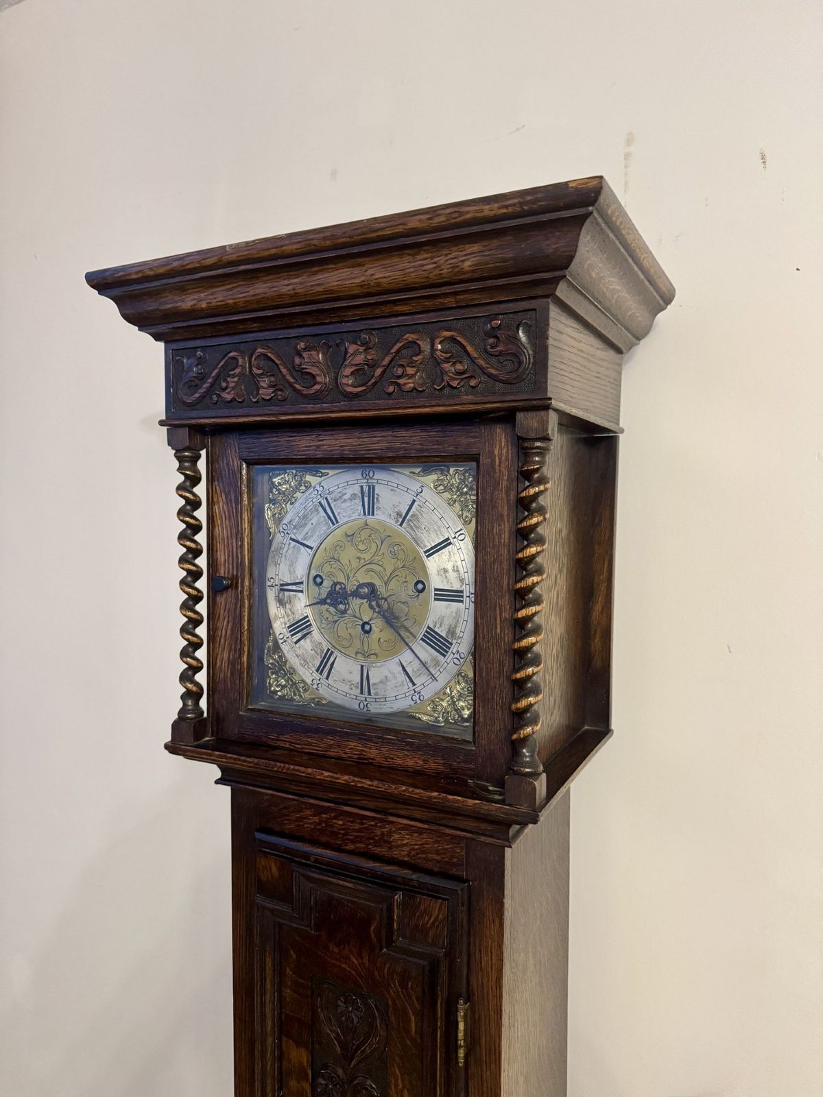 Fine Quality Antique Oak Triple Weight Chiming Grandmother Clock photo furniture