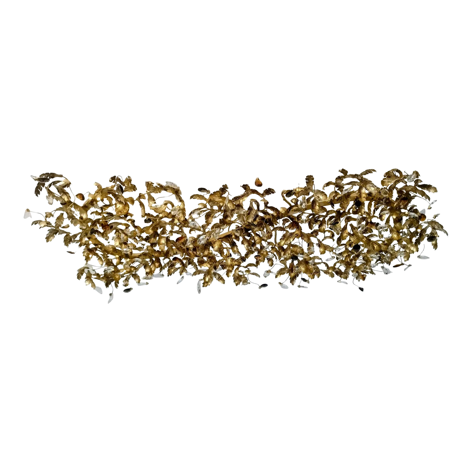 Large Monumental Wrought Iron Leaf & Crystal Rectangular Flush Mount Chandelier Hollywood Regency 1990ss