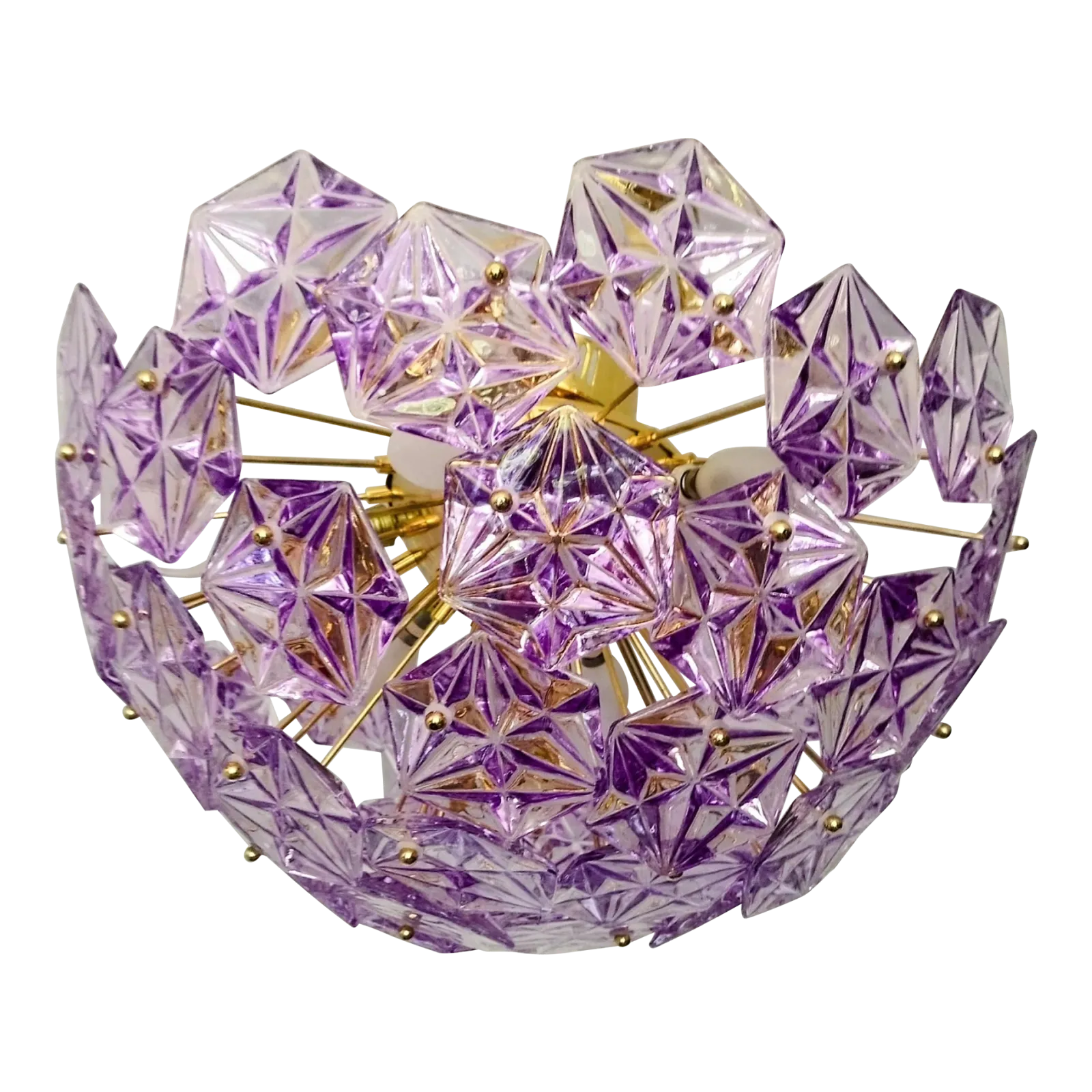 1990s Mid Century Modern Sputnik Flush Mount Chandelier Purple Diamond Cut Glass Lighting