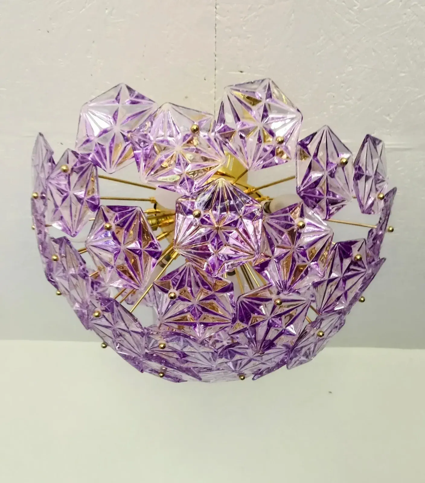 1990s Mid Century Modern Sputnik Flush Mount Chandelier Purple Diamond Cut Glass Lighting photo Lighting