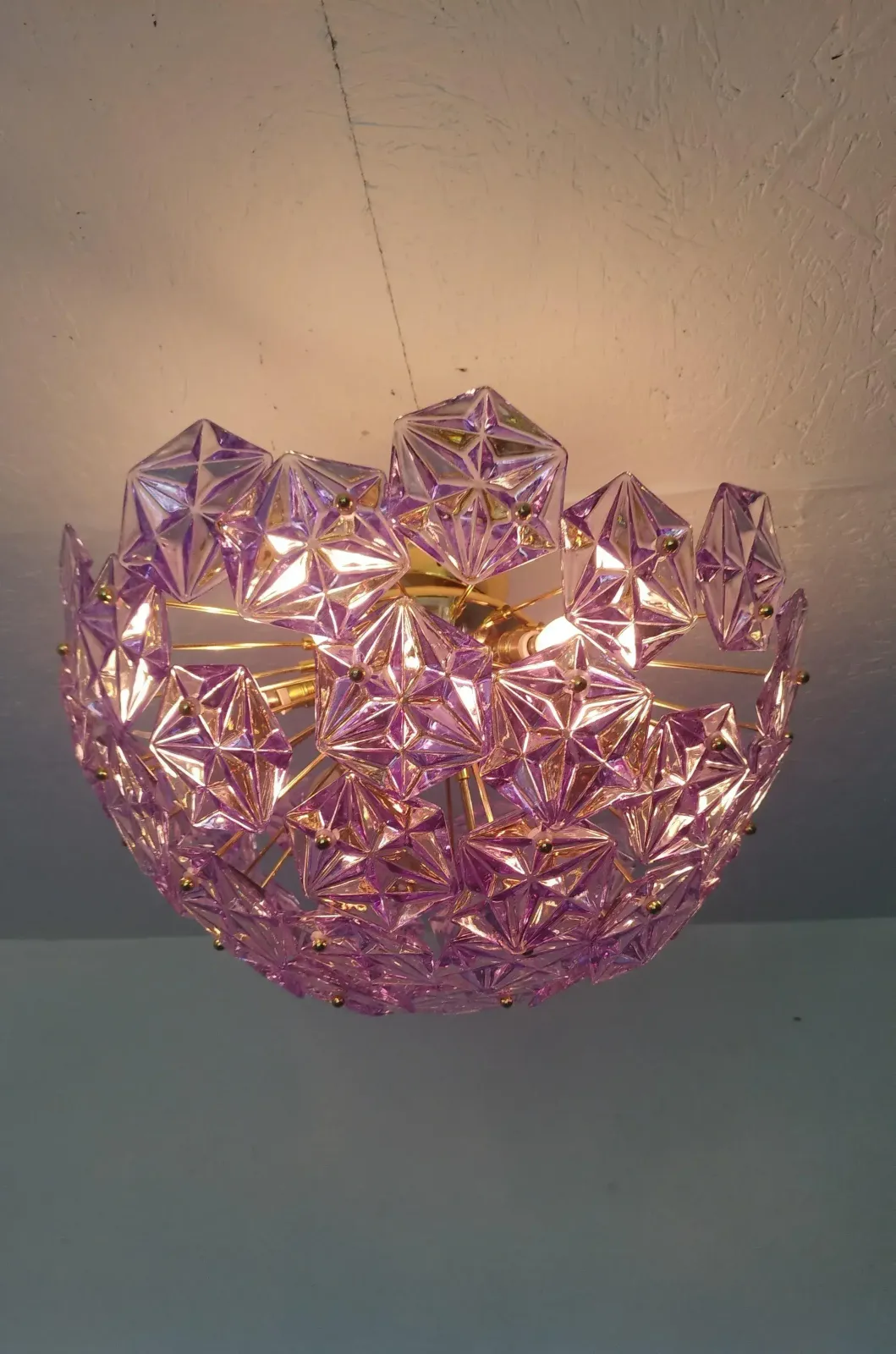 1990s Mid Century Modern Sputnik Flush Mount Chandelier Purple Diamond Cut Glass Lighting photo buy