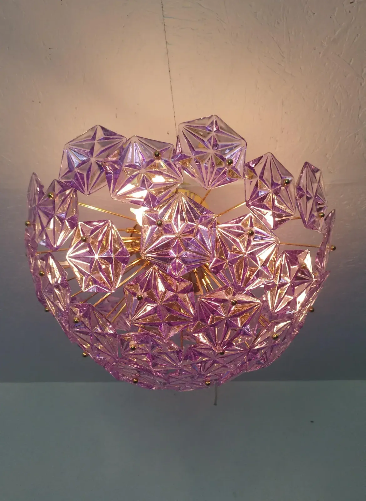 photo for sale 1990s Mid Century Modern Sputnik Flush Mount Chandelier Purple Diamond Cut Glass Lighting