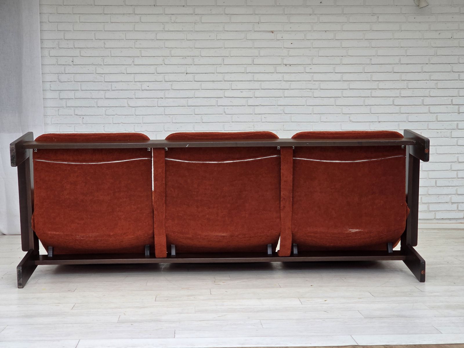 1970s, 3 Seater Danish Sofa, Orange/Red Furniture Velour, Oak Wood. photo vintage