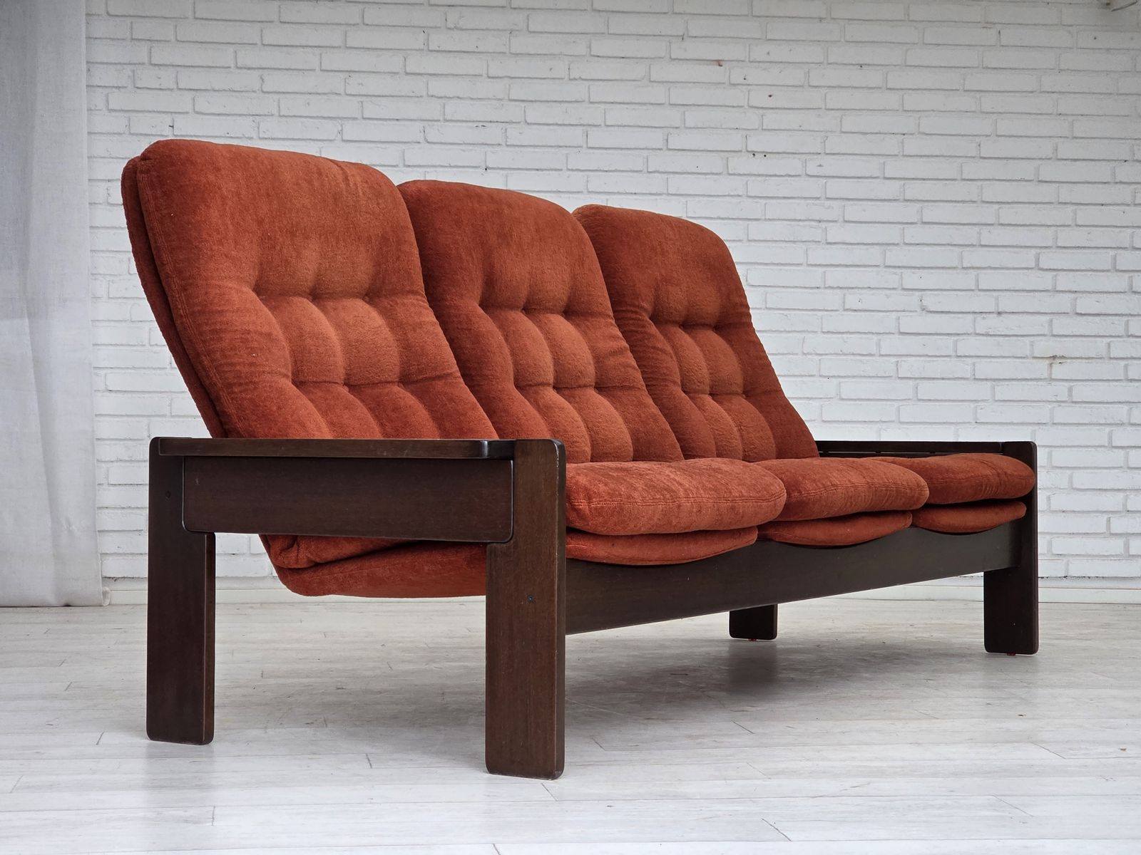 1670.0 1970s, 3 Seater Danish Sofa, Orange/Red Furniture Velour, Oak Wood. photo