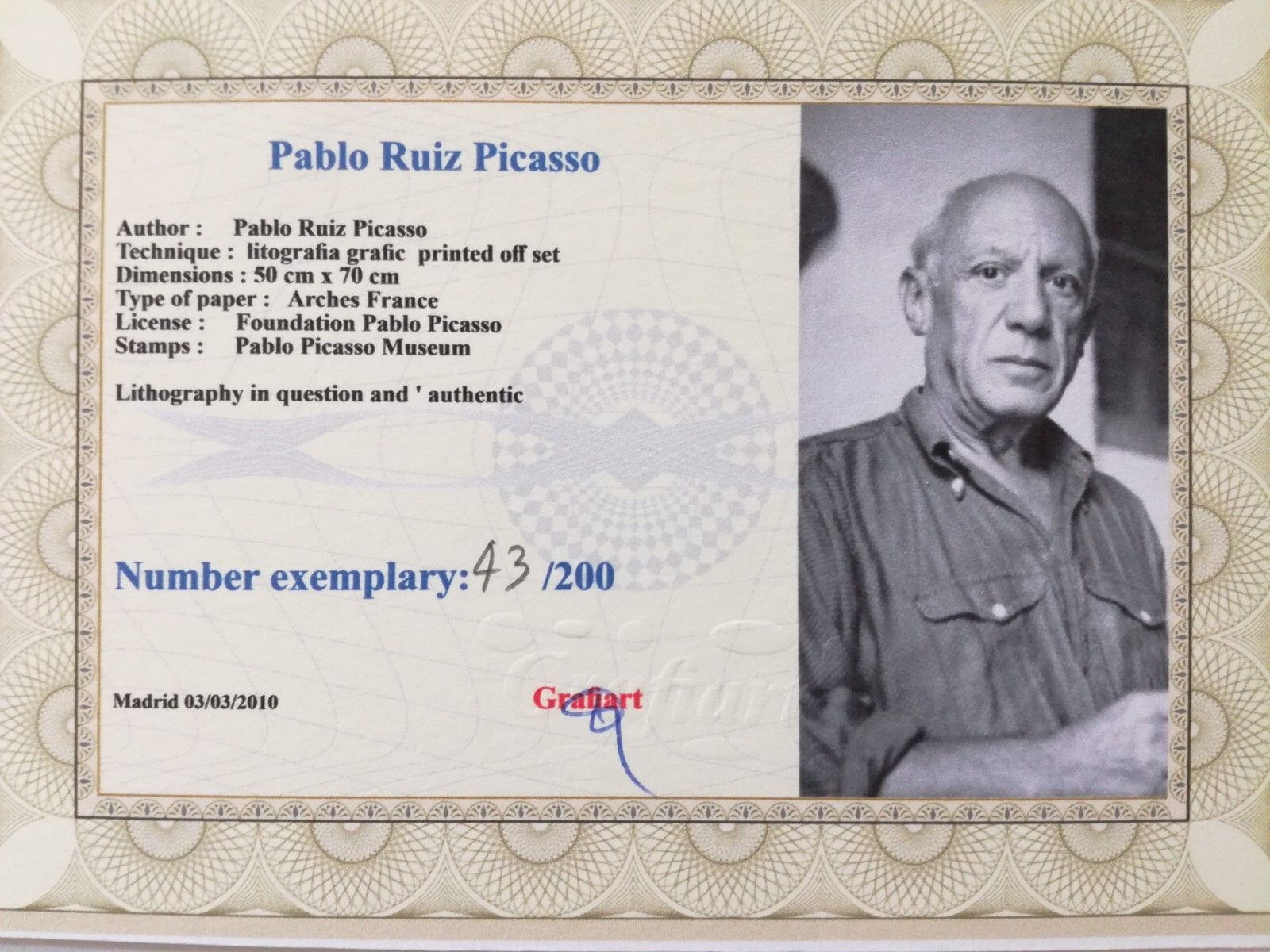 Pablo Picasso Signed Cubist Still Life Certificate Spadem Paris photo for sale