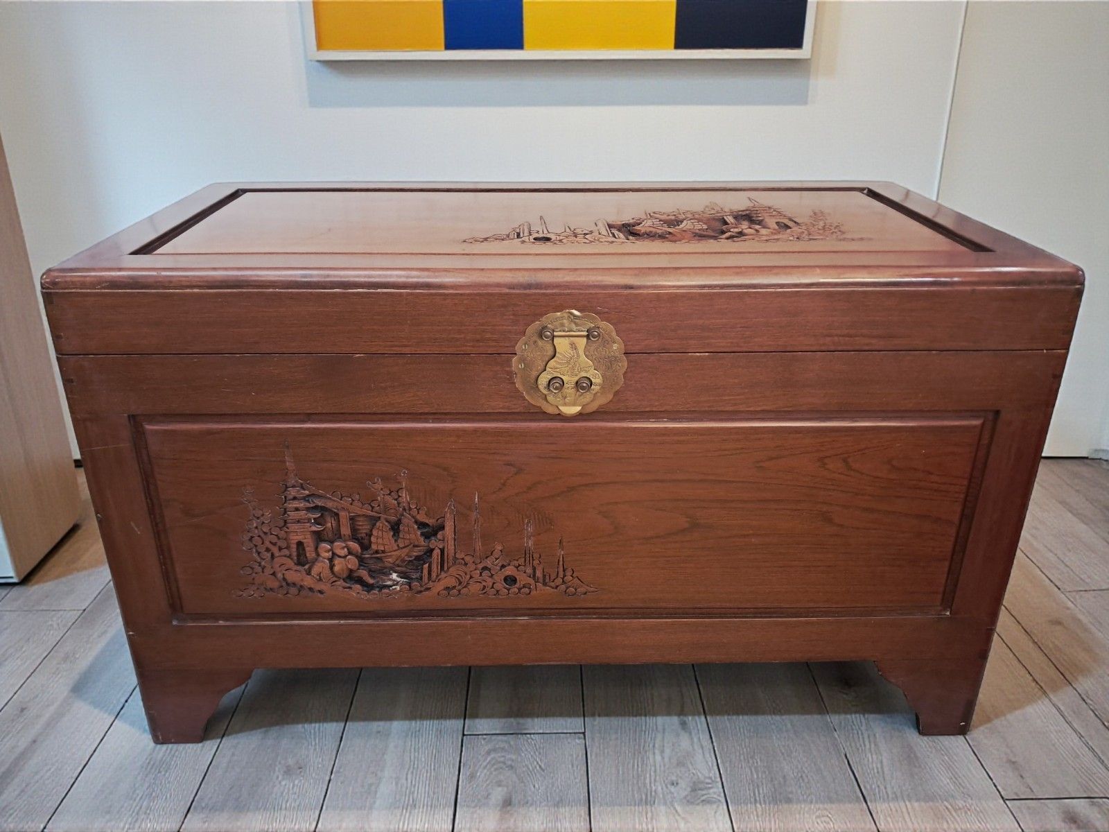 Antique Large Camphor Wood Trunk  Asian Oriental Carved Chest /  Trunk / Coffee photo for sale