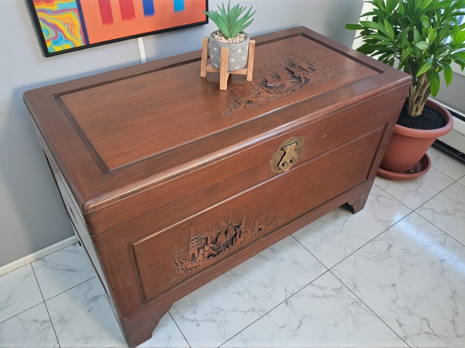 Antique Large Camphor Wood Trunk  Asian Oriental Carved Chest /  Trunk / Coffee photo vinterior