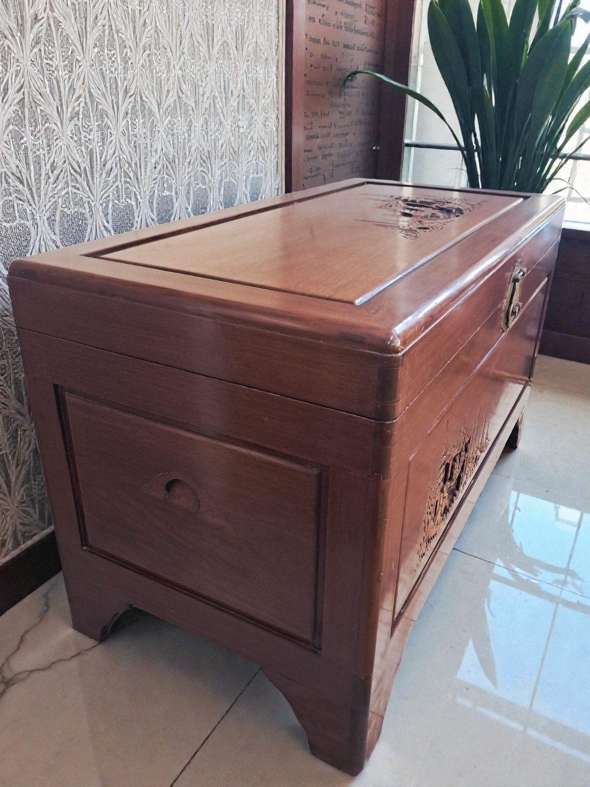 Furniture Antique Large Camphor Wood Trunk  Asian Oriental Carved Chest /  Trunk / Coffee photo