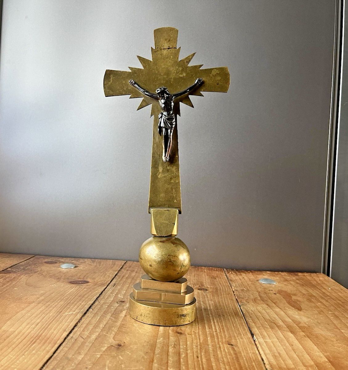 Art Deco Brass & Bronze Freestanding Altar Crucifix Church Cross Jesus French ? photo for sale
