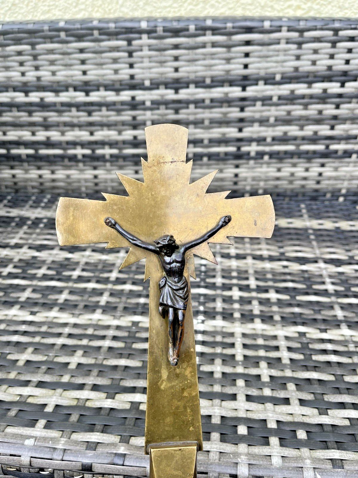 175.0 Art Deco Brass & Bronze Freestanding Altar Crucifix Church Cross Jesus French ? photo