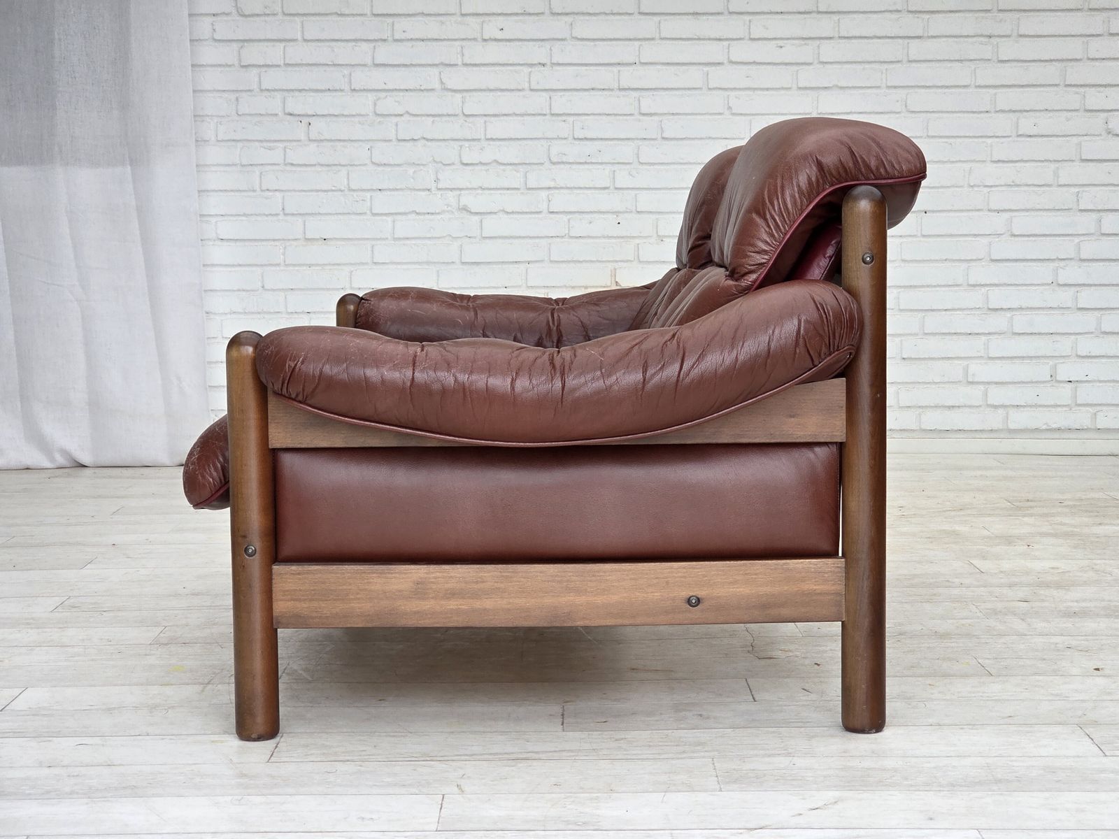 Furniture 1970s, 2 Seater Swedish Sofa, Brown Leather With Patina, Dark Beech Wood. photo
