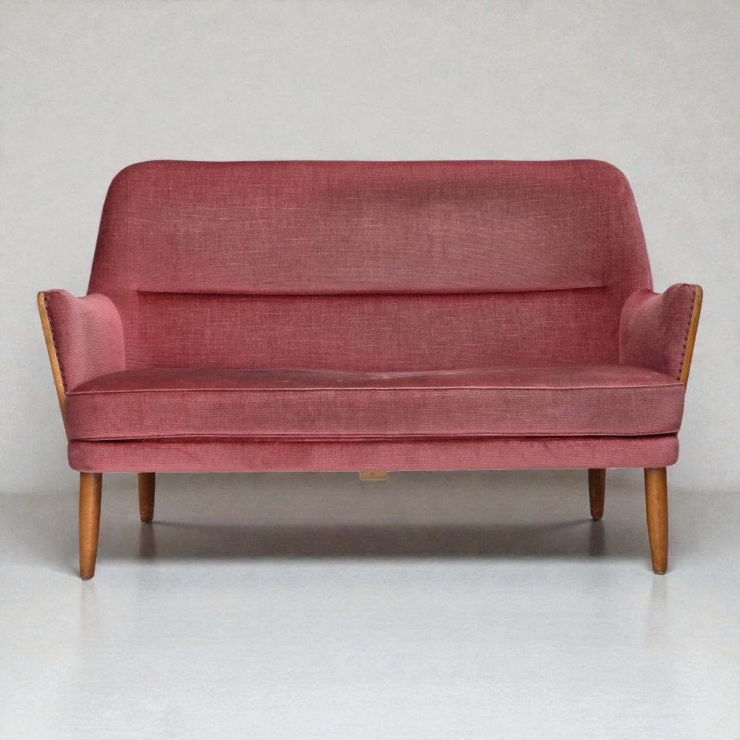 1970s, 2 Seater Swedish Sofa, Pink Furniture Velour, Beech Wood.