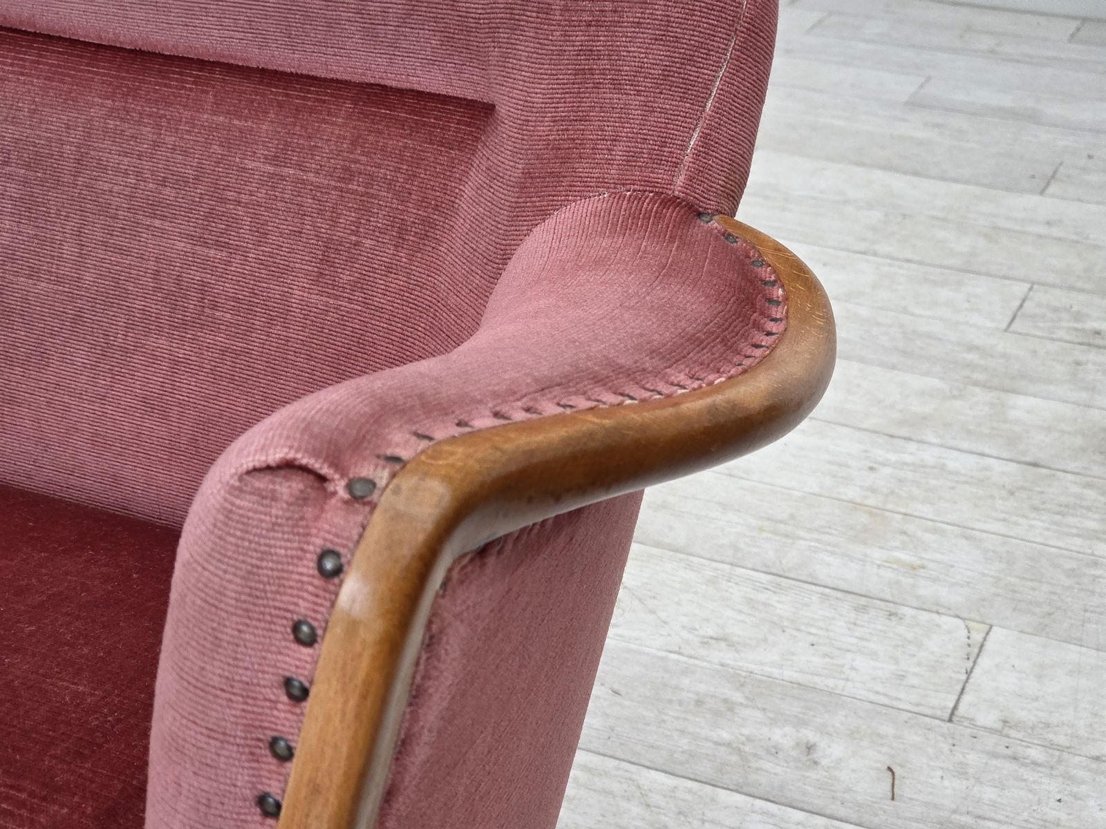 Furniture 1970s, 2 Seater Swedish Sofa, Pink Furniture Velour, Beech Wood. photo