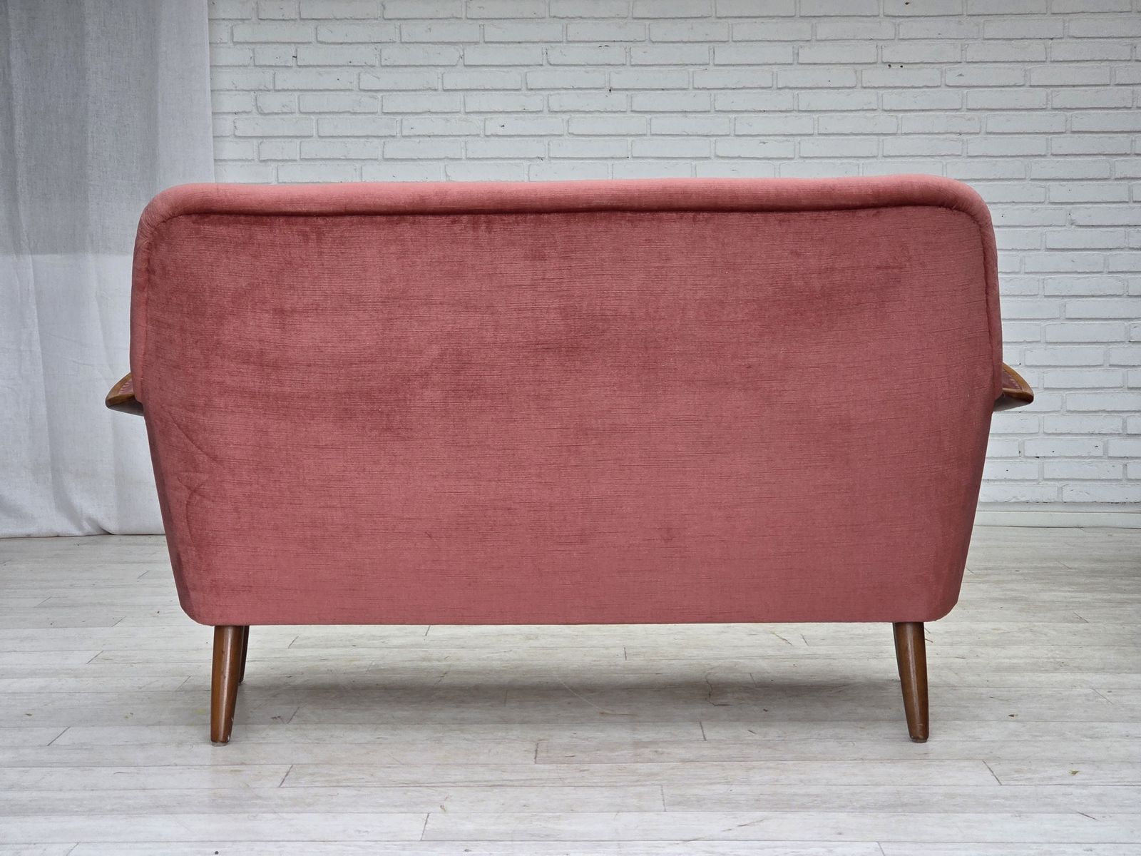 photo buy 1970s, 2 Seater Swedish Sofa, Pink Furniture Velour, Beech Wood.