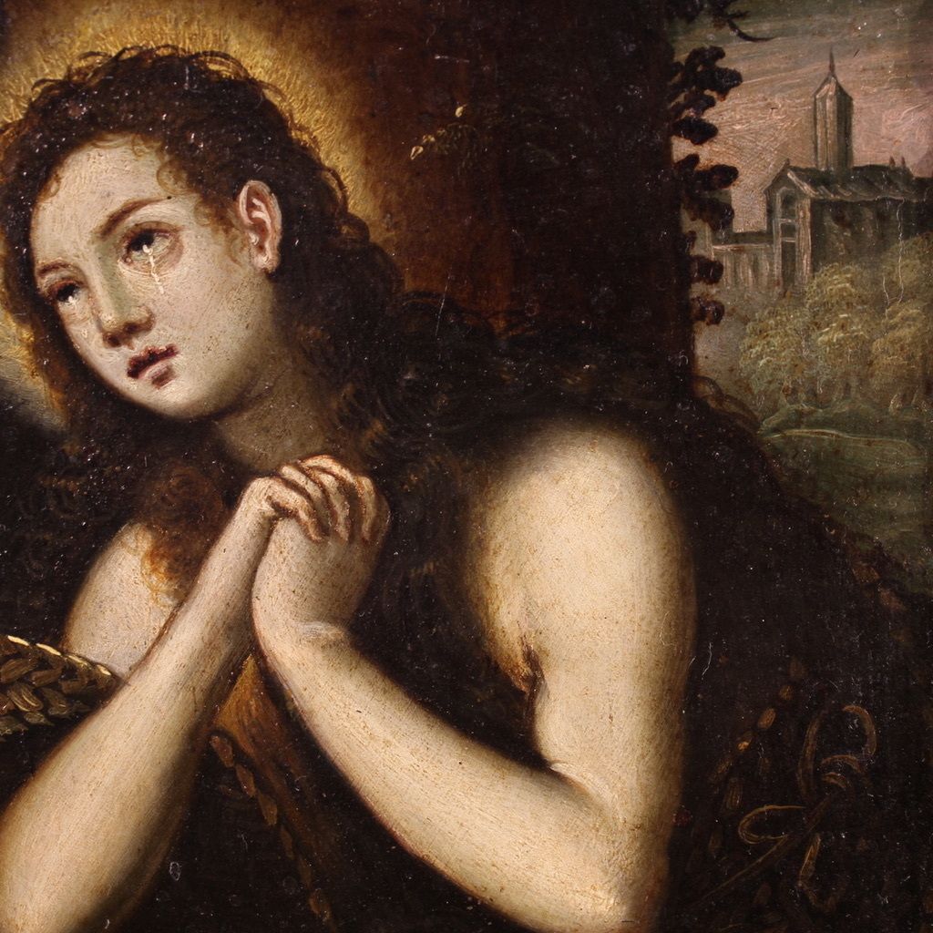 Antique 17th Century Copper Painting, Penitent Magdalene photo furniture