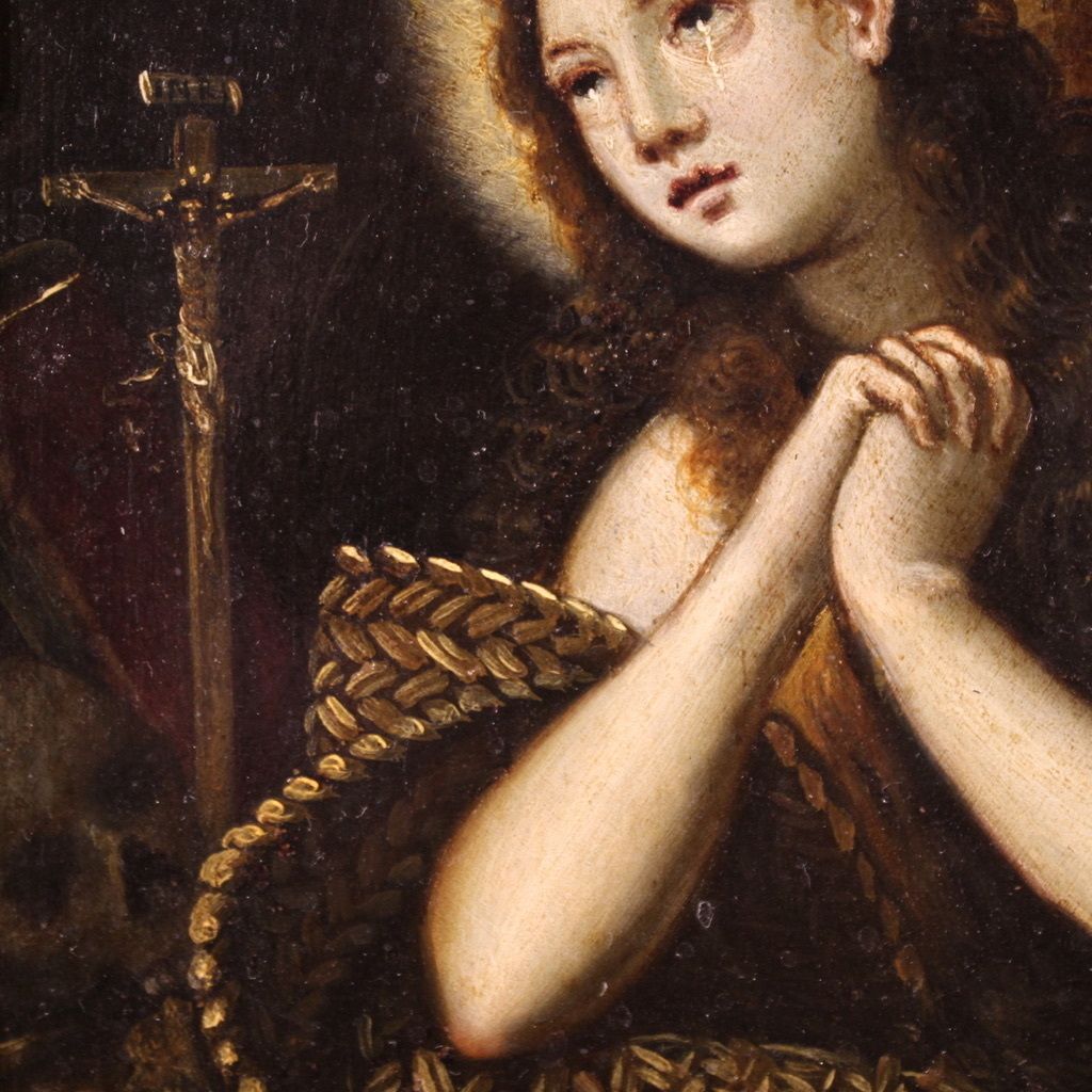 Antique 17th Century Copper Painting, Penitent Magdalene photo Art