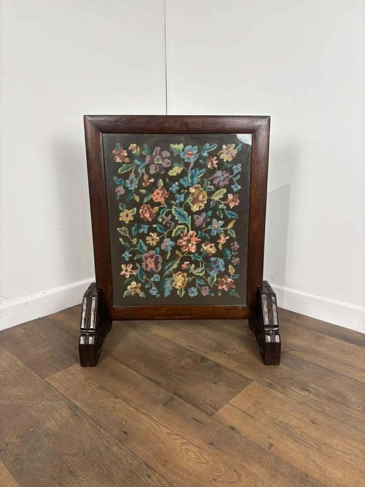 Vintage Oak Framed Floral Tapestry Fire Screen photo 179.0