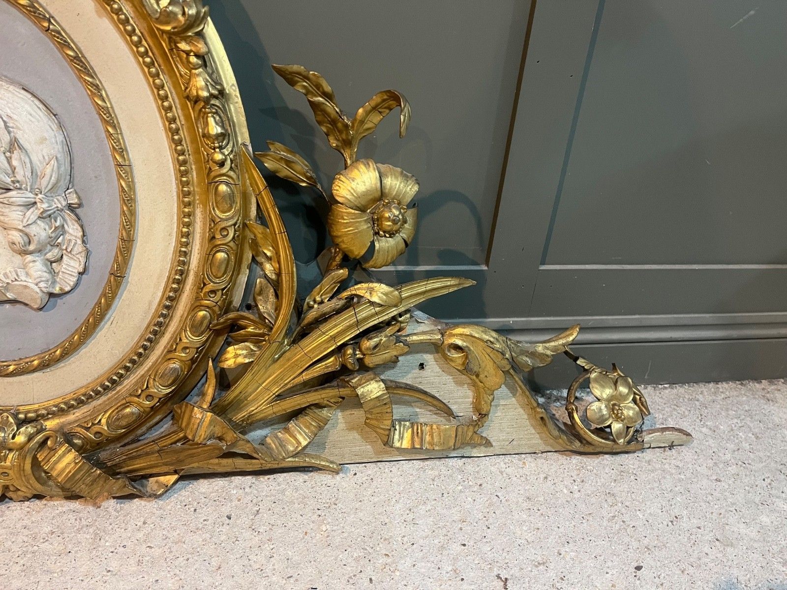 photo for sale Antique Pediment Gilded Carved Wood With Plaster/Gesso Insert 1800’s