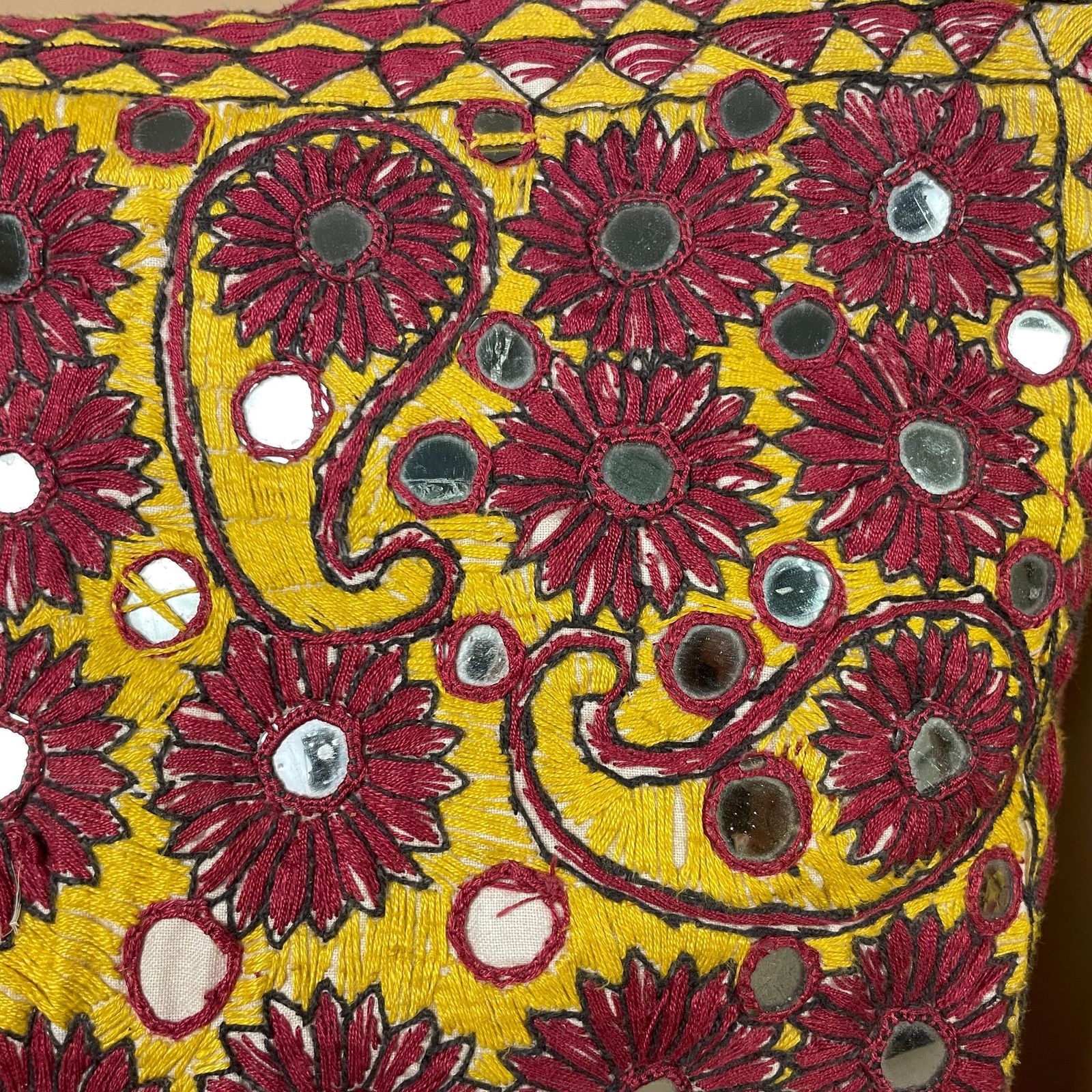 Pair Of Antique Indian Traditional Cushions Embroidered Floral Shisha Mirrrorwork Scatter Pillow 40x40cm Square Pattern Handmade Decorative photo buy