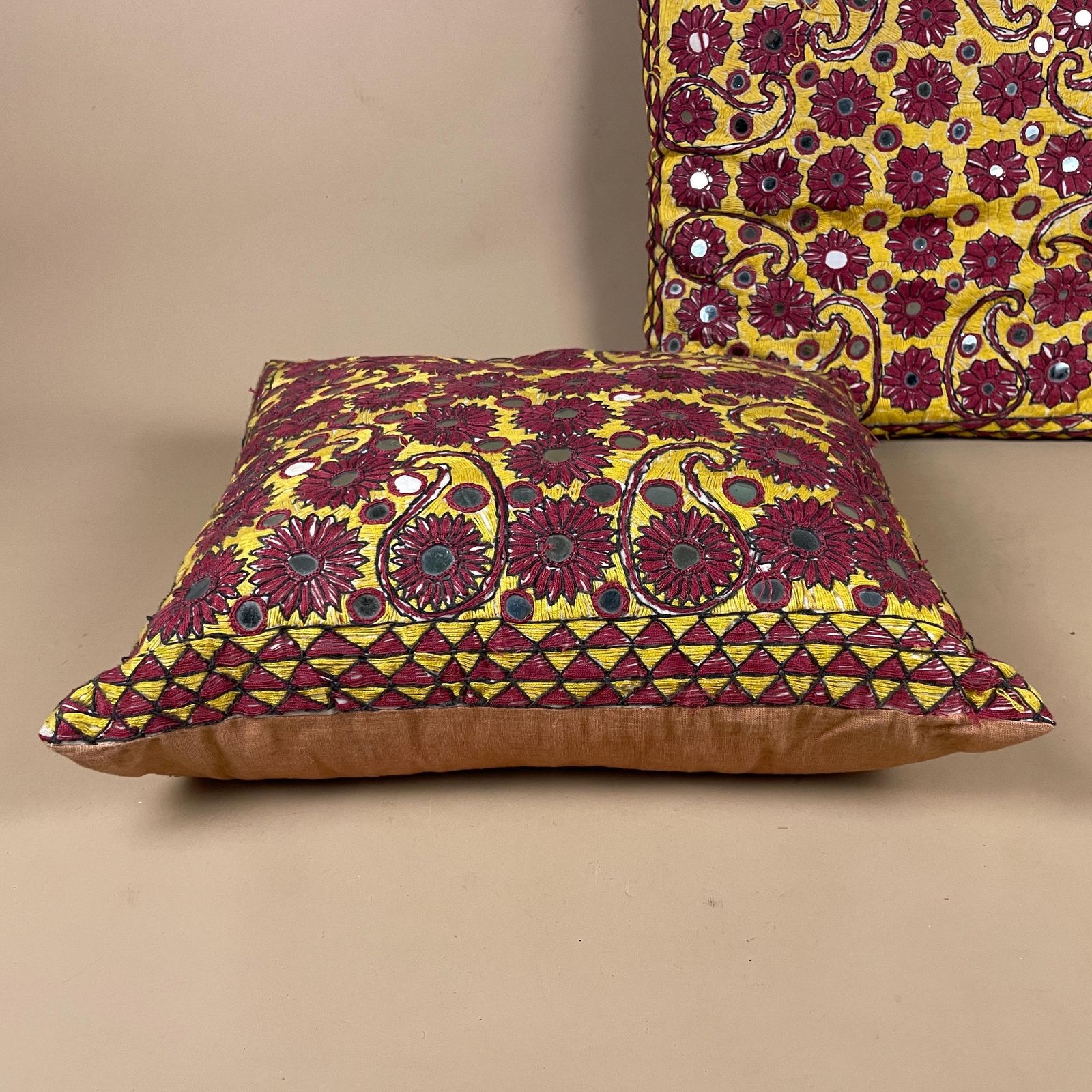 Textiles Pair Of Antique Indian Traditional Cushions Embroidered Floral Shisha Mirrrorwork Scatter Pillow 40x40cm Square Pattern Handmade Decorative photo