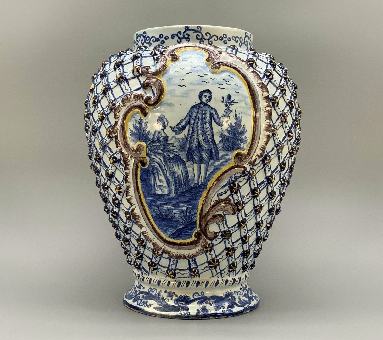 Large Superb 19thc Dutch Style French Faience Delft Manganese Blue & White Vase