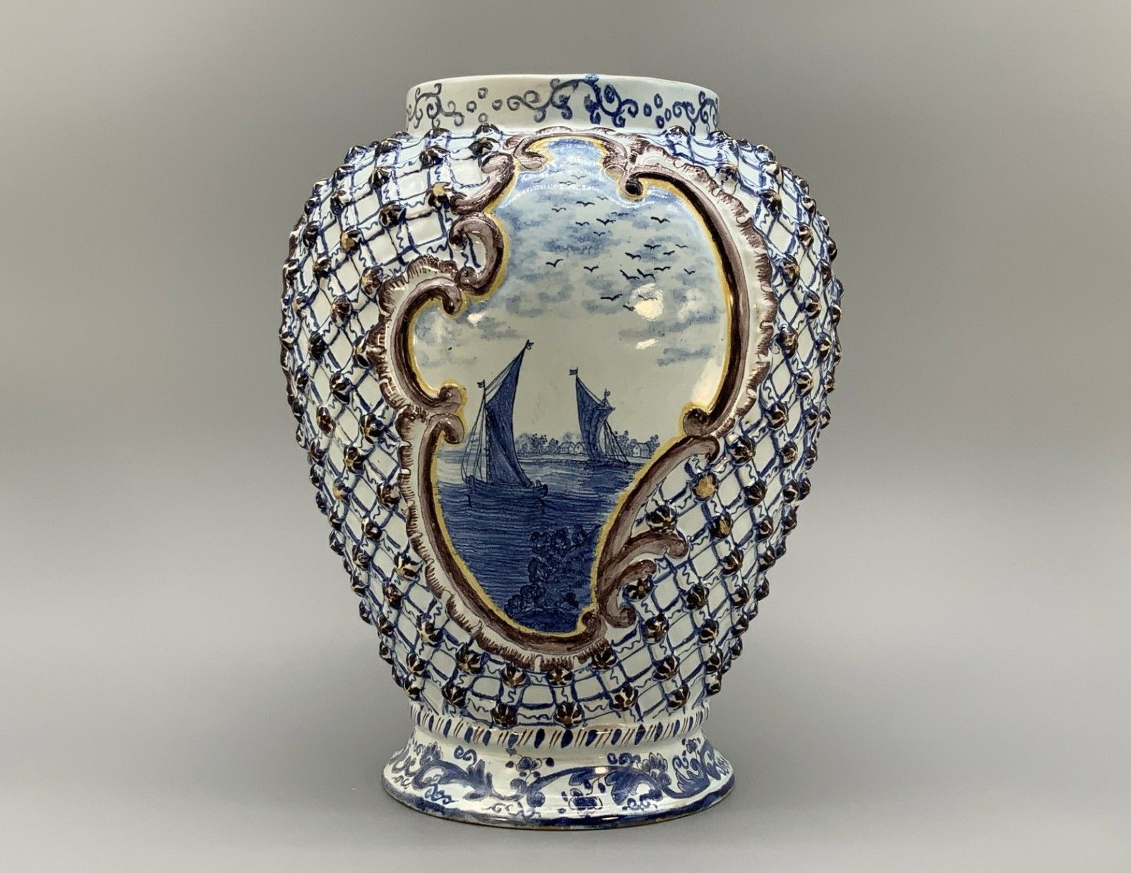 Large Superb 19thc Dutch Style French Faience Delft Manganese Blue & White Vase photo furniture