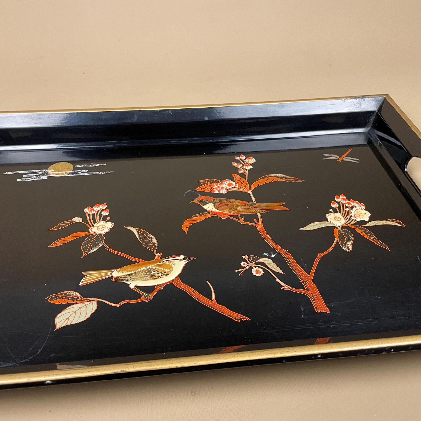 Japanese Lacquered Wood Tray Rectangle Floral Bird Design Oriental Black Decorative Asian Serving Tray Antique Vintage Display photo Home Decor