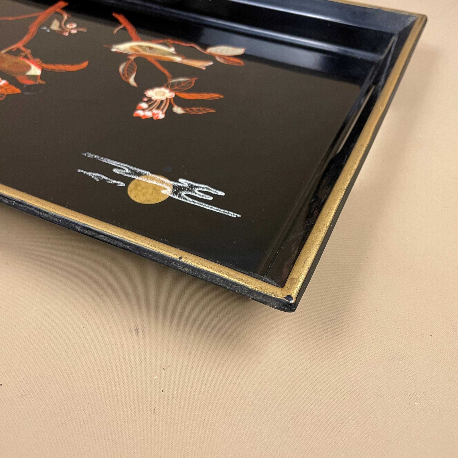 Japanese Lacquered Wood Tray Rectangle Floral Bird Design Oriental Black Decorative Asian Serving Tray Antique Vintage Display photo vinterior