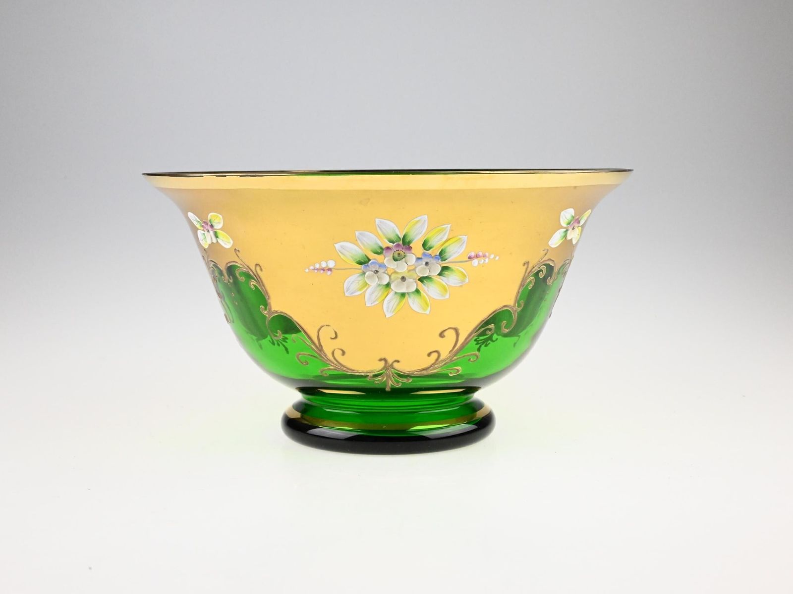 24k Gold Plated Glass Bowl, Glass Bowl, Green Glass Bowl, Gold Bowl, Bohemian Glass, Czech Glass Bowl, Enameled Bowl, Hand Painted Bowl photo for sale