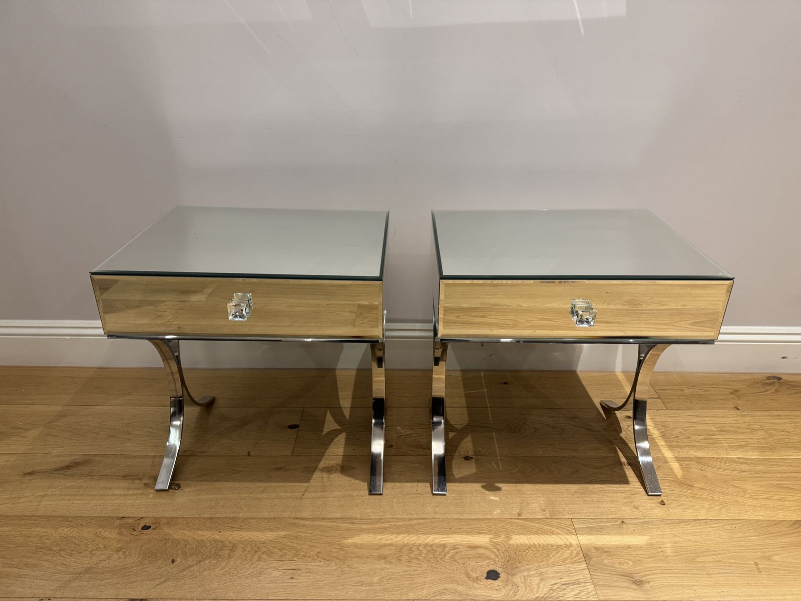 Pair Of Sovana Mirrored Side Tables — Chrome Curved Legs & Drawer