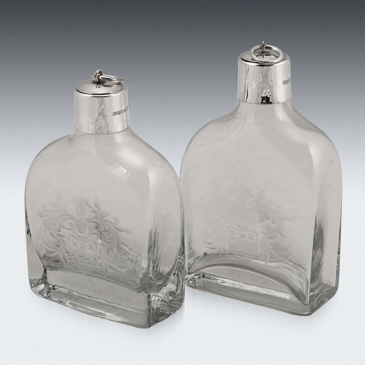 21stc English Solid Silver Mounted Glass Decanters With Heraldic Engraving C2007 photo for sale