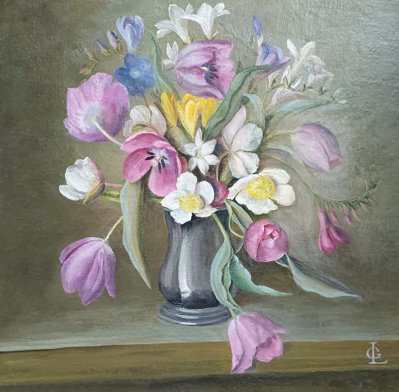 Original Floral Oil Painting Still Life Study Wild Flowers Artist Monogram L G . photo for sale