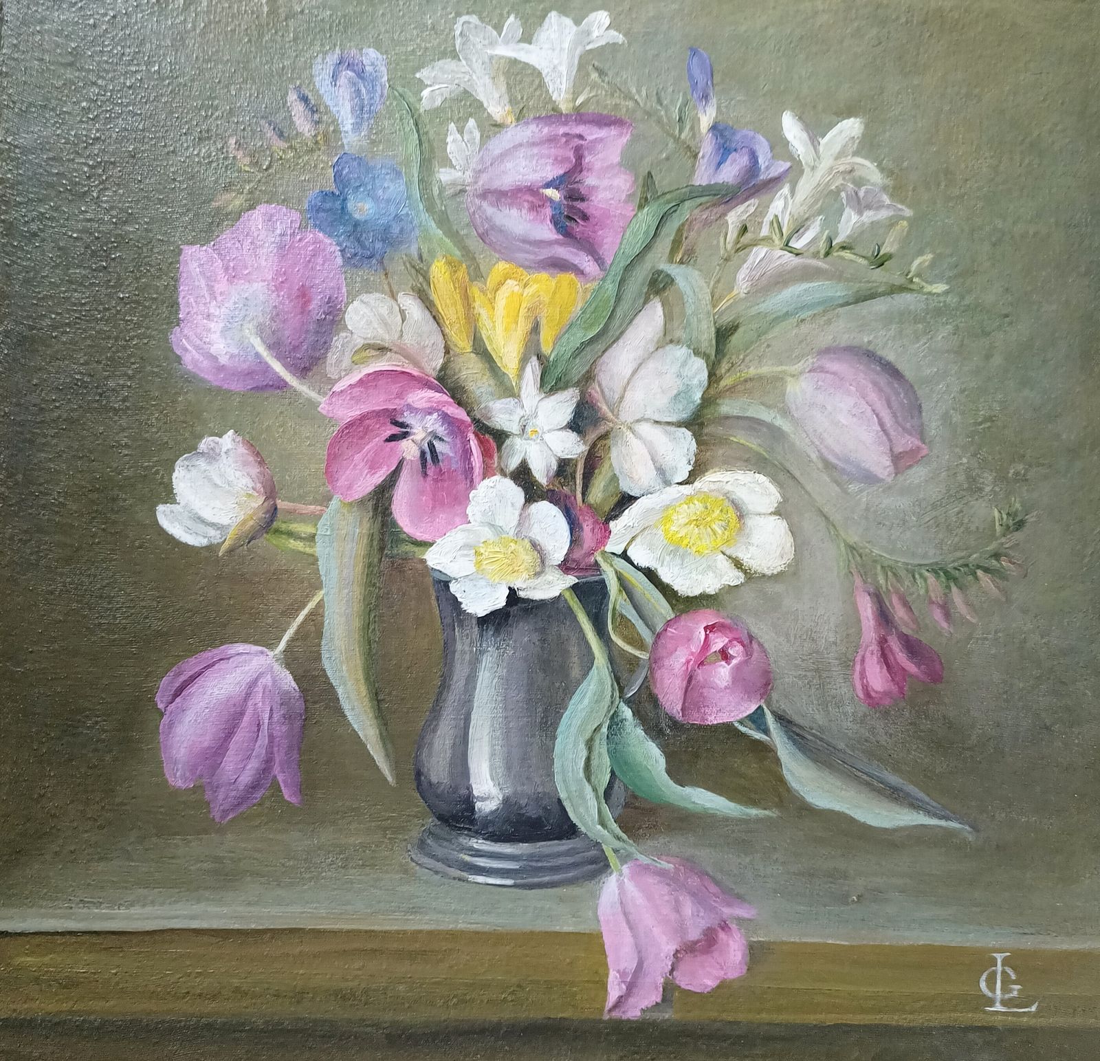 Original Floral Oil Painting Still Life Study Wild Flowers Artist Monogram L G . photo furniture