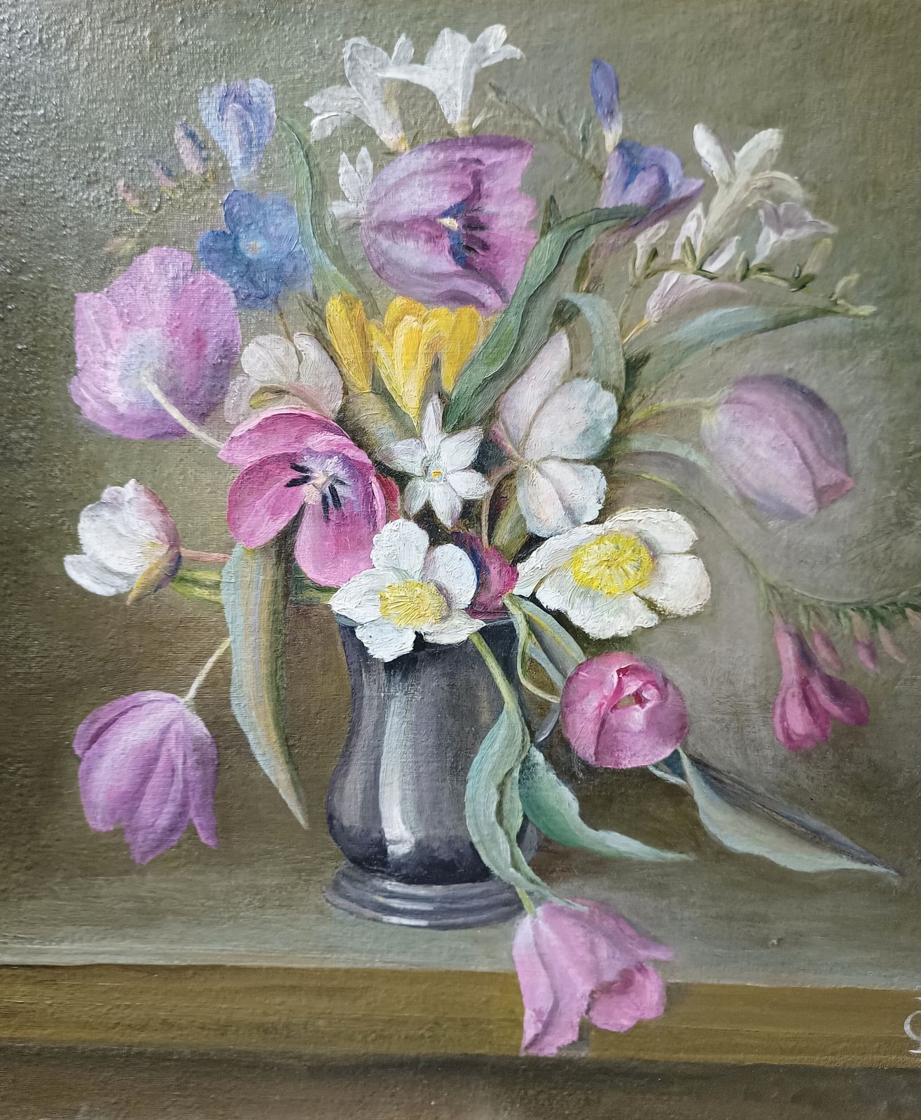 Original Floral Oil Painting Still Life Study Wild Flowers Artist Monogram L G . photo 250.0