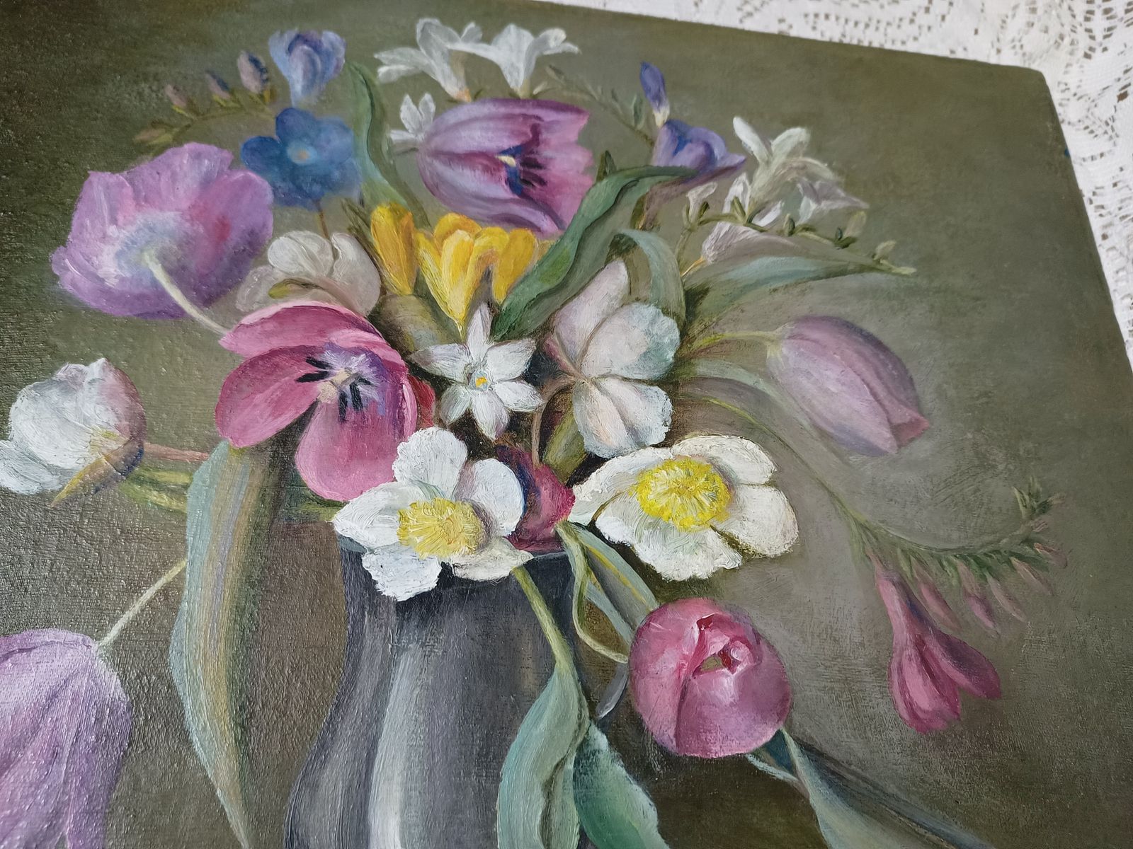 Original Floral Oil Painting Still Life Study Wild Flowers Artist Monogram L G . photo buy