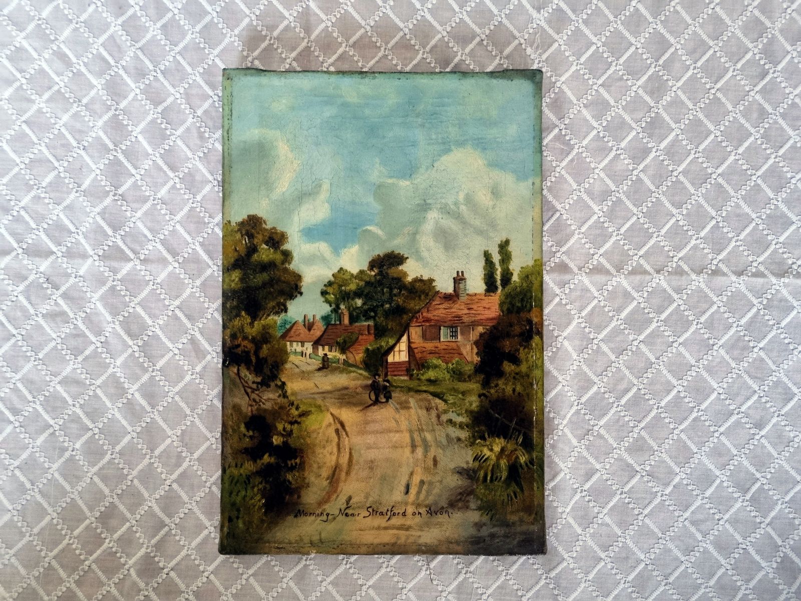 photo for sale Antique English Oil Painting, Original Landscape Artwork On Canvas, Hand Painted Village Scene